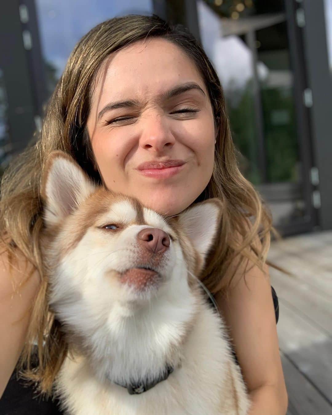 チャチー・ゴンザレスのインスタグラム：「Was that saying “dogs end up looking like their owners” or the other way around? 👀😂 @bandit.thepom @t.rexthepom」