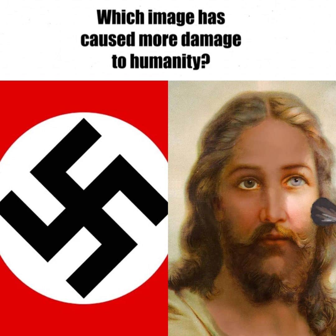 Fuse ODGのインスタグラム：「Left or Right? 🤷🏿‍♂️ Comment below...would love to know your thoughts  I guess it's not a fair question since one gave birth to the other.   Hitler's philosophy was based on the American study of Eugenics which sought to prove the theory of the "master race" characterised with "Blond Hair & Blue Eyes"... sound familiar??  Why do we find the image on the left so offensive. Yet the 'image' of a white Jesus on the right is celebrated and literally worshipped. 🤔🤔  Around 6 Million innocent lives were tragically lost in the Holocaust. However, this is a drop in the ocean compared to the 10's if not 100's of Millions of innocent lives taken under the banner of Christianity and the Catholic church & its white Jesus. The majority of these lives lost were African.  Until mainstream global society finds the image on the right even more offensive than the image on the left, injustice will continue to plague humanity, and Black Lives will continue not to matter.  Maybe when God was telling us not worship false idols it was for our own good not HIS. Maybe He knew what it would lead to...which makes sense from an "All Knowing God" 🤷🏿‍♂️  This is a matter of life and death!!   #NowhiteJesus #KnowJesus #EmancipationDay2020 #NewAfricaNation #TINA #Boycott4Justice」