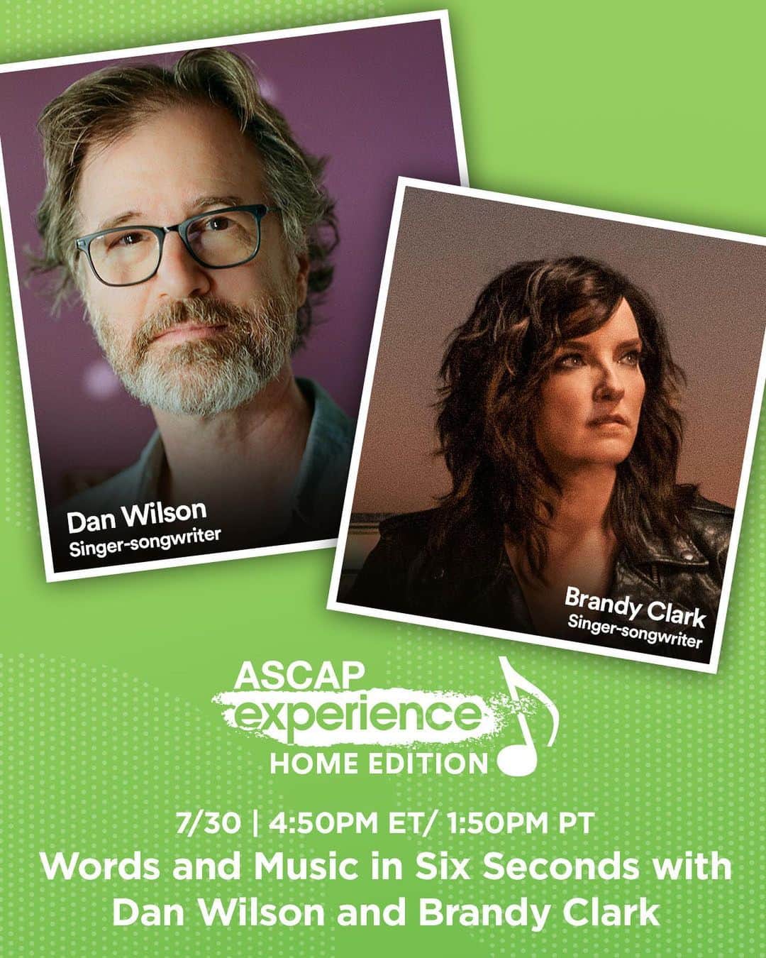 ASCAPさんのインスタグラム写真 - (ASCAPInstagram)「#wordsandmusicinsixseconds with @danwilsonmusic & @thebrandyclark is happening  LIVE TODAY at #ASCAPExperience. Tune in at 4:50PM ET  1:50PM PT. You’re don’t wanna miss this. Register at the link in our bio.」7月31日 3時08分 - ascap