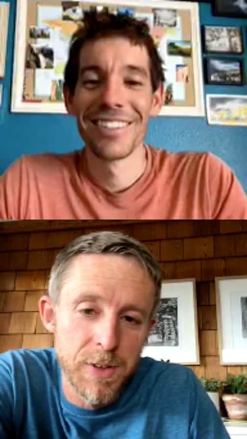 トミー・コールドウェルのインスタグラム：「As promised, here is my chat with @alexhonnold. We don’t talk climbing much. But this conversation is similar to the more weighty chats we have while descending climbs. Just two guys trying to figure out how be better citizens of planet earth. Also, great questions from the audience! Link in my bio to donate to the honnoldfoundation.」