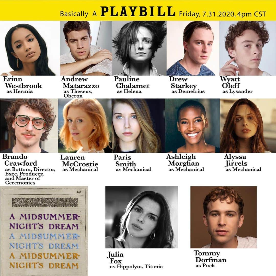 ワイヤット・オレフのインスタグラム：「Join me and everyone else on this playbill tomorrow at 2pm PST to see me read through Midsummer Night’s Dream as Lysander for the first time in my life. It was put together by @acting4acause and it’s gonna be a lot of fun. Link will be in bio to the live on youtube tomorrow」