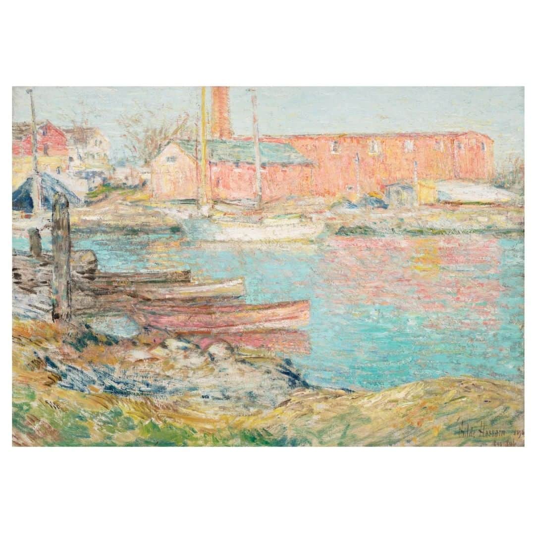 クリスティーズさんのインスタグラム写真 - (クリスティーズInstagram)「Included in our American Art Online sale, Childe Hassam's 'The Red Mill' is among the artist's earliest paintings from his time in Cos Cob, Connecticut and depicts the Palmer and Duff shipyard beside the town's mill.⠀ .⠀ A Boston native, Hassam began making summer trips to Cos Cob in 1894 and continued to do so until 1918, staying at the Holley Boarding House, which acted as the intellectual center for the local art community.⠀ .⠀ ⠀ Susan G. Larkin writes, "The subject matter Hassam favored in Cos Cob differed dramatically from the sea and rocks he painted at Appledore. And although the Holleys and MacRaes grew their own fruits and vegetables, cultivated extensive flower borders, and filled the house with bouquets, Hassam ignored garden images there. He focused now on architectural and figural subjects...The old houses, barns, mill, and shipyard inspired so many pictures that Hassam nicknamed the art colony 'the Cos Cob Clapboard School.' But he, more frequently than anyone else, depicted the rustic vernacular architecture." ("Hassam in New England," Childe Hassam: American Impressionist, exhibition catalogue, New York, 2004, p. 147)⠀ .⠀ Our online sale of American Art — open for bidding until 7 August — features paintings, works on paper and sculpture from Modernist paintings by Milton Avery and twentieth-century works by Andrew and Jamie Wyeth, to Illustrations by Norman Rockwell, nineteenth-century Hudson River School landscapes, and a strong selection of iconic American Impressionism by artists like Hassam, Mary Cassatt, and Maurice Brazil Prendergast.⠀ .⠀ Childe Hassam (1859–1935), 'The Red Mill, Cos Cob', 1896. Estimate: $200,000-300,000.⠀ .⠀ American Art Online — 23 July - 7 August⠀ .⠀ #americanart #art #artist #childehassam #coscob #connecticut #americanimpressionism #landscape #seaside」7月31日 18時05分 - christiesinc