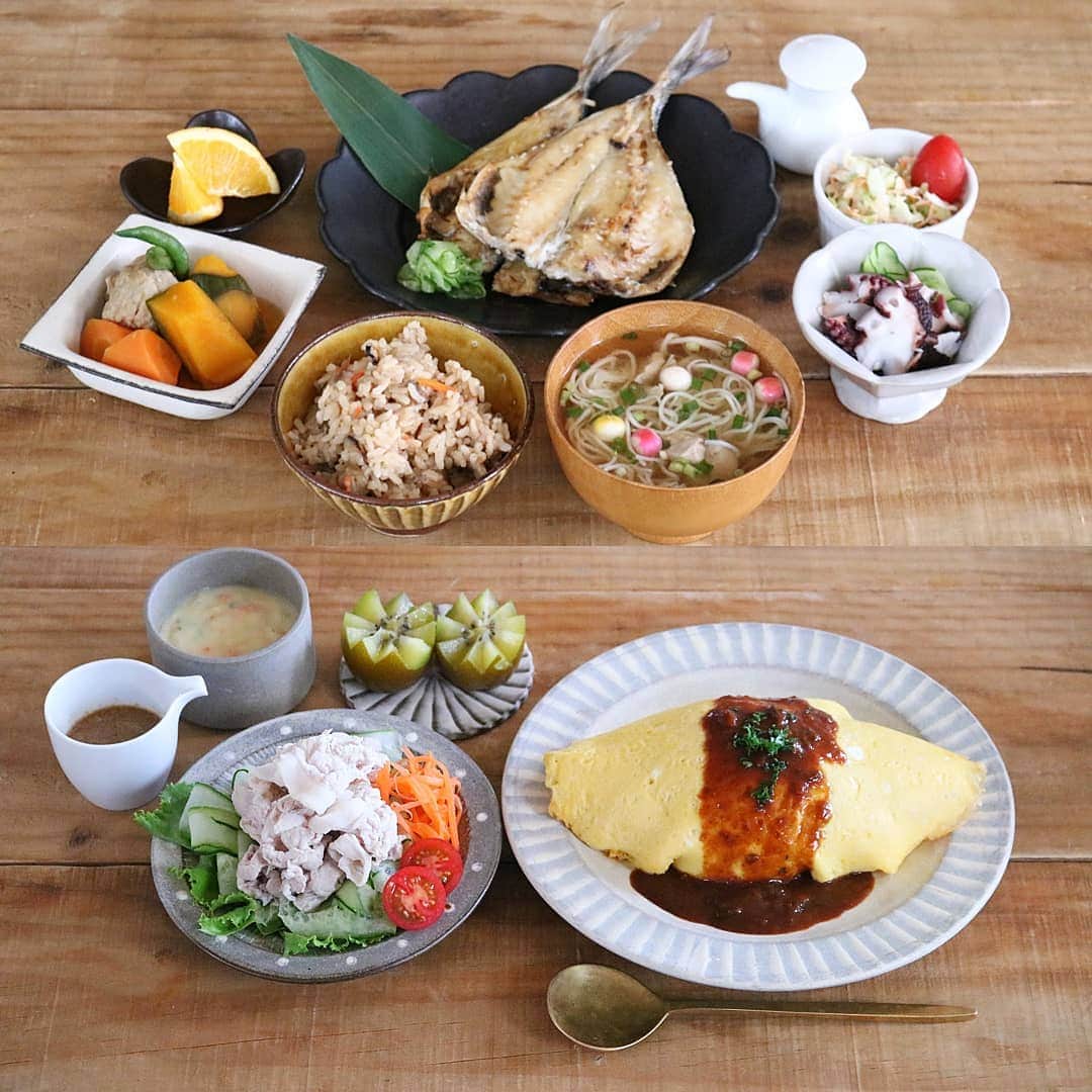 yunaさんのインスタグラム写真 - (yunaInstagram)「♩ #レシピあり #まとめて投稿 #ひとりごはん . . 🍚かしわ飯(レシピ↓) アジの干物 にゅうめん かぼちゃの煮物 タコ刺し コールスローサラダ . . 🍚オムライスデミソース 冷しゃぶサラダごまだれ コーンスープ キウイ🥝 . . 🍚【かしわめし】 . . 🥕【材料】 米　２合 鶏モモ肉　1/2枚 人参　1/3本 ごぼう　1/2本 干しシイタケ　２～３枚 〇醤油　小さじ１ 〇酒　小さじ１ 〇砂糖　小さじ１ ★醤油　大さじ１．５ ★みりん　大さじ２ ★酒　大さじ２ ★砂糖　大さじ1/2 ★顆粒出汁　大さじ1/2 ごま油　大さじ1/2 . . 🥕【つくりかた】 ①干しシイタケはぬるま湯約１５０ｍｌにつけておく。戻し汁は捨てずにとっておく。人参は千切り、ごぼうはささがき、鶏もも肉は１センチ角に切る。戻したしいたけは細切りにする。米は洗ってざるにあげておく。  ②バットやボウルに鶏もも肉を入れ、〇を入れて混ぜる。人参、ごぼう、しいたけも入れて全体によく混ぜる。  ③炊飯器に米を入れ、★を入れる。しいたけの戻し汁も入れる。水を２合のメモリまで入れて混ぜる。ごま油を回しかける。  ④具材をのせる。混ぜないでください。炊飯スタート！炊き上がったら混ぜてくださいね。 . . ☝【コツ・ポイント】 . ごま油を入れるのがポイントです♪ . . #yunaご飯#lin_stagrammer#kurashiru#delistagrammer#Japanesefood#ロカリキッチン#デリスタグラマー#クッキングラム#クッキングラムアンバサダー#タベリー#フーディーテーブル#Kissカメラ#iegohanphoto#てづくりごはん365#おうちごはん#おうちごはんlover#ママリクッキング#マカロニメイト#おうちごはん通信#キッチングラム#おうちカフェ#夜ごはん#晩ごはん#dinner#小石原焼#翁明窯元#レシピ」7月31日 19時41分 - yuna921