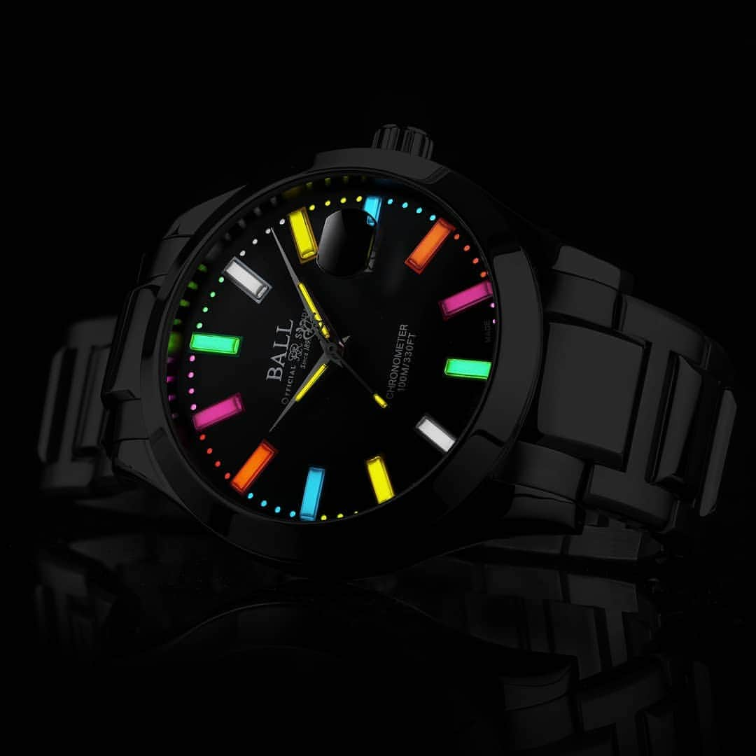 ボール・ウォッチのインスタグラム：「A symbol of hope. A colorful harmony of light. Using 2 different mounting methods, the Marvelight Chronometer Caring Edition features multi-color micro gas tubes on the hour indexes, hands as well as the minute track. Pre-order it today to join us in supporting the fight against COVID-19. shop.ballwatch.ch/marvelight  #marvelight #discovery #journey #elite #beyourself #chronometer #ballwatch #lumewatch #engineer #watch  #swisswatch #rainbow #salvationarmy #instawatch #wotd #wristcandy #watchlover #watchesofinstagram #mensstyle #mensaccessories #orologio #reloj #limitededition #lastcall #lumeshot #swissmade #colors #charity」