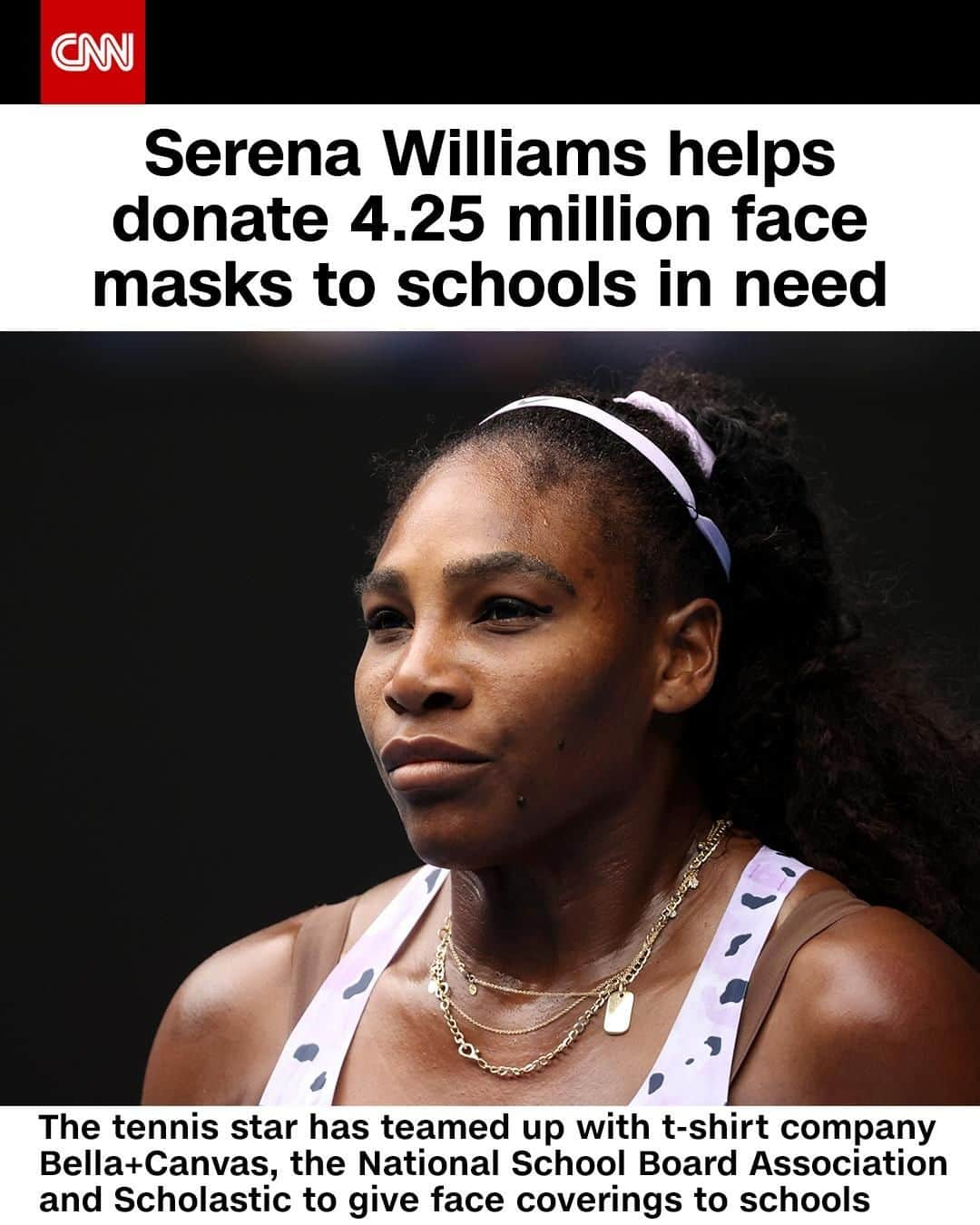 CNNさんのインスタグラム写真 - (CNNInstagram)「Serena Williams will help donate 4.25 million face masks to schools in the US as children prepare to head back to classrooms in the coming months, teaming up with t-shirt company Bella+Canvas, the National School Board Association and Scholastic. The project will also seek to provide educational materials to 54 million children across 115,000 schools in the country. "I'm grateful to be able to help educate our schools about this resource, and to be given the opportunity to serve so many students," the 23-time grand slam champion wrote on Instagram. Tap the link in our bio to learn more. (📸: Clive Brunskill/Getty Images Asiapac)」7月31日 23時01分 - cnn