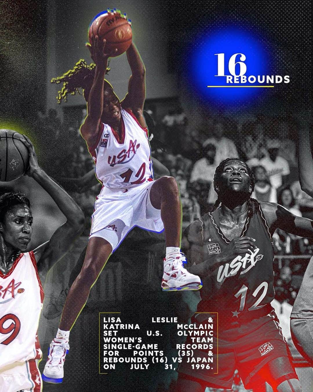 USA Basketballさんのインスタグラム写真 - (USA BasketballInstagram)「Two stars, two records, one game 🤩  #OTD 1996: @LisaLeslie set a USA single-game Olympic scoring record with 35 pts. & Katrina McClain equalled the USA's Olympic rebounding mark with 16 boards in a 108-93 win over Japan.  🇺🇸 #OlympicRewind」7月31日 23時04分 - usabasketball