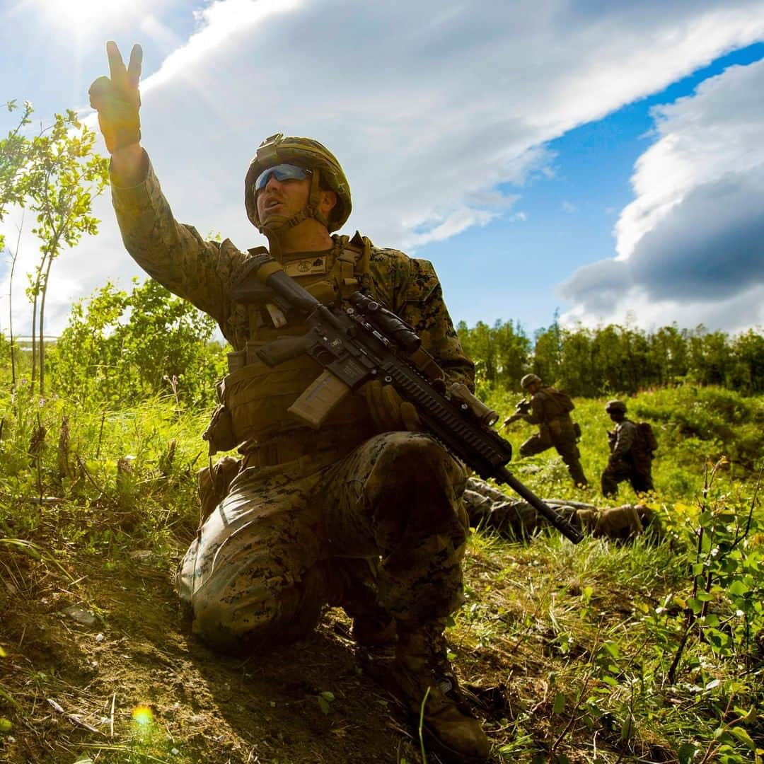 アメリカ海兵隊さんのインスタグラム写真 - (アメリカ海兵隊Instagram)「Peace, It’s Friday   A Marine with Marine Rotational Force – Europe 20.2, @usmcfea gives hand and arm signals to his squad members during a squad immediate action drill at Setermoen, Norway.   The purpose of the drill is to enhance the Marine’s ability to swiftly react to enemy contact while conducting a patrol. (U.S. Marine Corps photo by Sgt. Abrey Liggins)  #USMC #Marines #Military #Norway」8月1日 9時00分 - marines