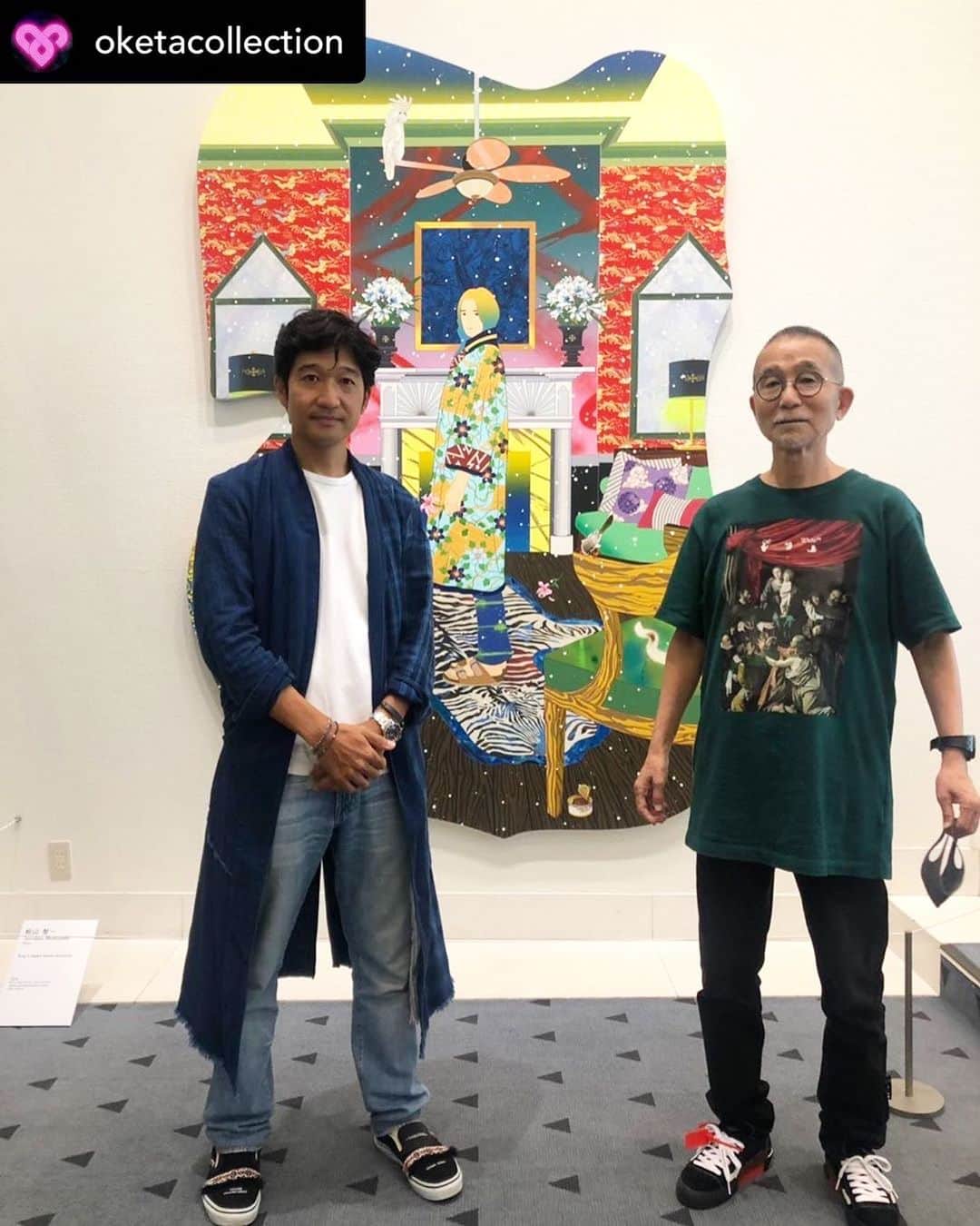 松山智一のインスタグラム：「#Repost @oketacollection ❤️💛💚💜💙 今大注目アーティストの松山智一さんが遊びに来てくれました！彼の色彩豊かなアートは現見る人の心を楽しい気持ちにさせてくれます。 OKETA COLLECTION展は8月10日まで表参道のスパイラルガーデンで開催中です。感染症対策のためチケットの登録(無料)が必要です！詳しくはプロフィールのリンクから。また、彼の作品は新宿東口広場の巨大なパブリックアートとしても見ることが出来ます！ — One of the hottest artist Tomokazu Matsuyama came to visit the exhibition!! His colorful art attracts people and makes viewers feel happy! The exhibition will take place until 8/10 at Spiral Garden in a Omotesando. The exhibition requires reservation in order to prevent further spreading of coronavirus. Please reserve tickets (free) on the ArtSticker website (link in bio). His giant art is also exhibited at the Shinjuku Station East Exit Square as a public art so please go check that out as well! ・・・ 松⼭ 智⼀/Tomokazu Matsuyama 《Sing It Again Sweet Sunshine》2019  Acrylic and mixed media on canvas 254 x 194 cm Courtesy of KOTARO NUKAGA @kotaro_nukaga  #松山智一 #TomokazuMatsuyama」