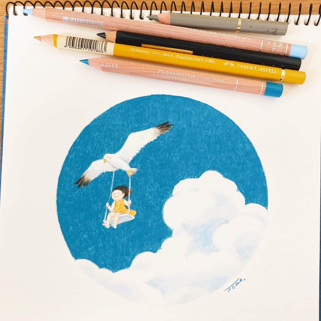 Tomoko Shintaniのインスタグラム：「Go to 妄想トラベルキャンペーン④ ついに梅雨が明けたのかしら。 . #carandacheluminance #karismacolorpencils #holbeinartistscoloredpencil #fabercadtellpolychromos #itchyfeet  #どこかいきたーい」