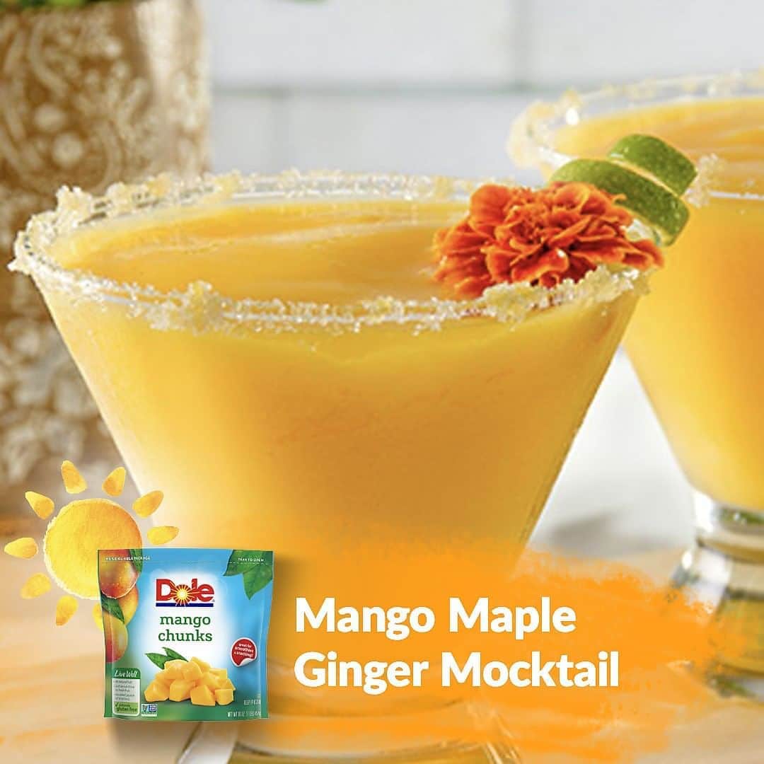 Dole Packaged Foods（ドール）のインスタグラム：「The taste of summer has never been cooler with this Mango Maple Mocktail made with our DOLE® Frozen Mango Chunks. Just sit back and sip away.   Ingredients: 1 cup DOLE® Chilled Pineapple Orange Juice 1 cup frozen DOLE Mango Chunks 4 (1/2 inch) thick slice fresh ginger, peeled and chopped 2 ounces maple syrup   Steps: Combine pineapple juice, mango, ginger, limes and syrup in blender container.  Add 2-1/2 cups ice.  Cover; blend until smooth. Pour into chilled martini glasses rimmed with equal parts superfine bar sugar and dried ginger.」