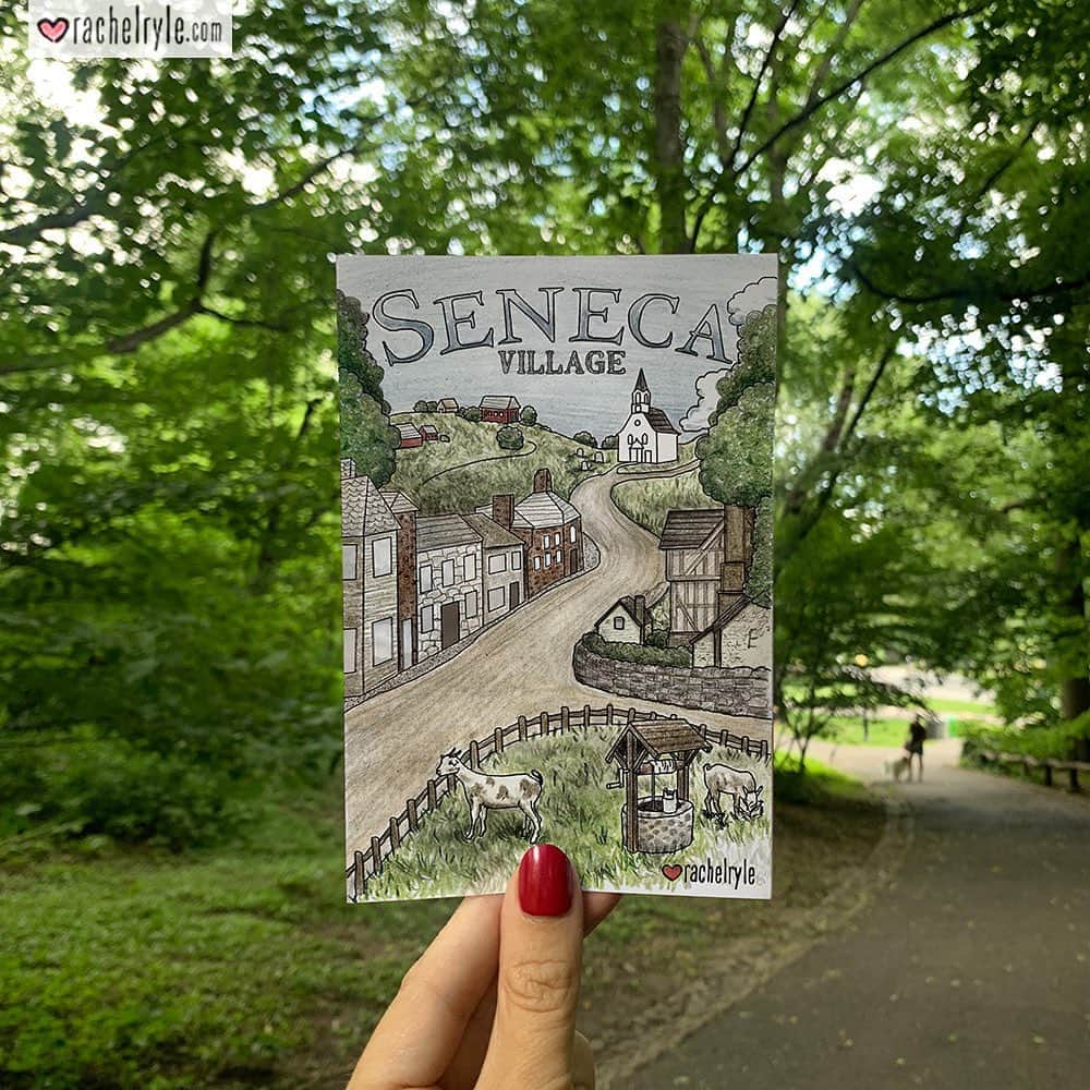 Rachel Ryleさんのインスタグラム写真 - (Rachel RyleInstagram)「Take a stroll in Central Park with me & let’s talk about Seneca Village, a piece of #BlackHistory in #NewYork that deserves more recognition. Trust me, this is worth reading. If not through my words, please google it. Personally, it breaks my heart to have recently learned about this land in #CentralPark & to stand here knowing what could have been. Once a vibrant community of mostly African-Americans that took shape in the 1820s, decades before the city created Central Park. This land held the lives, homes & hopes of nearly 300 people. People who owned their land, had farms, ran businesses, founded a school, & worshiped in three churches that they built - all right here in Central Park. This #tribute I’ve created isn’t historically depicting how #SenecaVillage precisely looked - rather it’s my rendition of what I wish it could’ve been. In the 1850s, as downtown Manhattan was booming with success, the city decided that they needed a park. A park that was set out to be “the biggest & the greatest”. So the planning began for this park to be centrally constructed on the generous lot of land between 59th & 110th. Sadly a decision that changed history, causing a portion of this land to be taken from those who once thrived here in Seneca Village. Imagine, right here in Central Park, a beautiful community could’ve flourished. They could’ve continued to grow their families, land, wealth, purpose, history & American dreams. Instead, they were forced to leave everything behind that they had established for over 30 years, while being displaced & unable to rebuild their once thriving community. A community of nearly 300 African Americans, as well as Irishman & Germans, were forced off their land. Few were paid for their property, at a portion of the value, while some were left with nothing.  It breaks my heart to know that this park that I love holds a history of so much injustice. I’ll never walk here again without reflecting of this piece of history and sharing it with whoever I can. Change starts with us all having a deeper understanding of the fight worth fighting! #BlackLivesMatter #BLM #AfricanAmerican #history #newyorkcity #nyc #illustration #drawing #art」8月1日 1時23分 - rachelryle