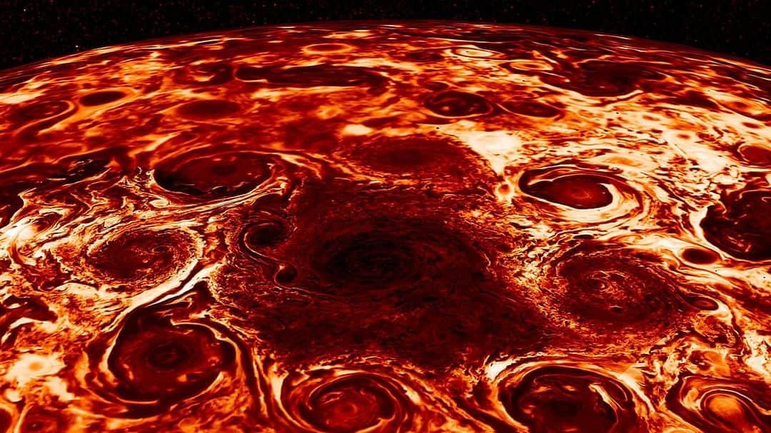 NASAさんのインスタグラム写真 - (NASAInstagram)「Nope, not a pizza.  When @NASAWebb launches in 2021, it will be studying Jupiter's: 🔴 Great Red Spot 💍 Ring system 🌙 and Moons - specifically, Ganymede and Io!  In this infrared image from @NASAJuno, cyclone storms swirl around Jupiter's North Pole. By coordinating with missions such as Juno as well as ground-based observatories, Webb will be able to help us form a deeper understanding of what's going on around the largest planet in our solar system. Read more at the link in our bio.  Image credit: NASA/JPL-Caltech/SwRI/ASI/INAF/JIRAM #nasa #jwst #jameswebbspacetelescope #jupiter #space #telescope」8月1日 2時10分 - nasagoddard