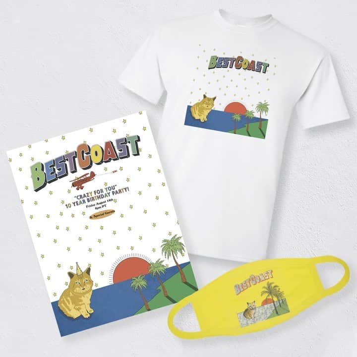 ベスト・コーストのインスタグラム：「Some new merch for y’all in celebration of Crazy For You turning 10 years old 🥳 including a face mask as a special 2020 spin to remind you to WEAR A MASK!!! C4U album redesign art by @brakyardgames. Get your tickets for the Crazy For You 10 Year Birthday Party on August 14th now! Link in bio 🌴」