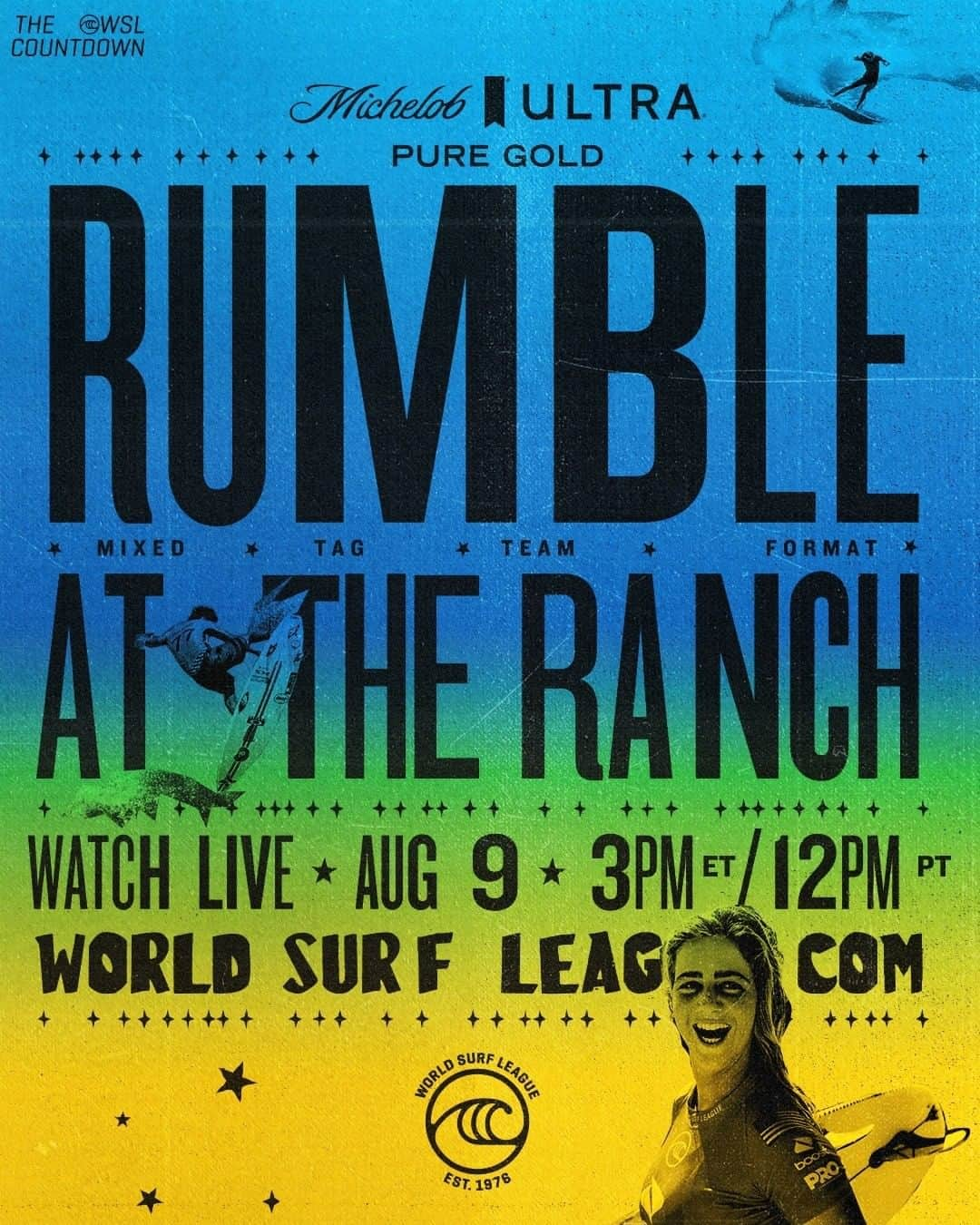 世界プロサーフィン連盟（WSL）さんのインスタグラム写真 - (世界プロサーフィン連盟（WSL）Instagram)「Ladies and gentlemen… 🎙 Rumble at the Ranch, presented by @michelobultra Pure Gold, link in bio.」8月1日 3時00分 - wsl