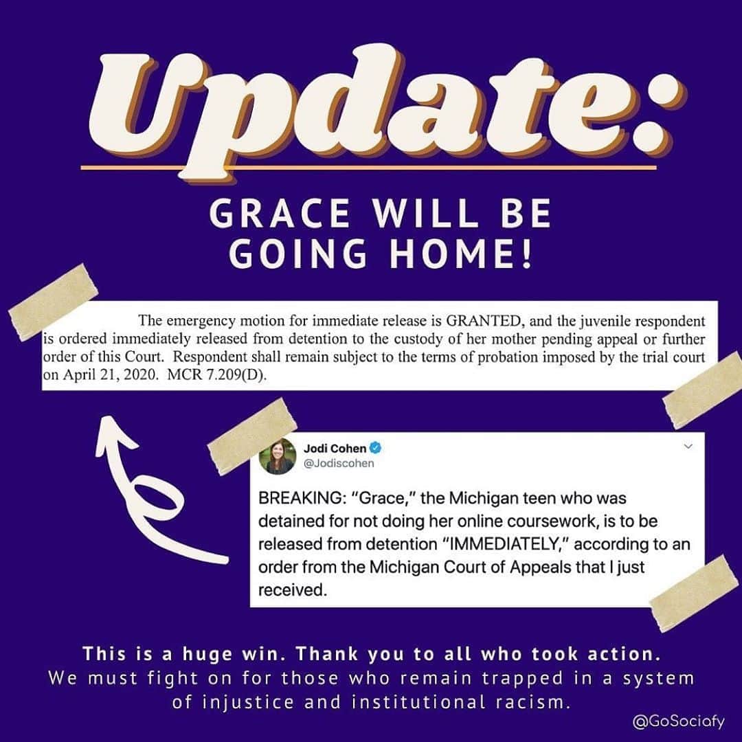 アマンダ・デ・カディネットのインスタグラム：「IMPORTANT UPDATE! Grace, the 15 year old Black high school student whose case we’ve been following for a couple weeks now, will be released and will be going home to her mom. “Grace” has been incarcerated for almost 80 days.   We want to thank everyone who worked to #FreeGrace, from the student organizers on the ground (especially @niadawseyy & @samfxss & @ama.kwesi), to community based organizations (like @everyblackgirl @blmiac @miliberation), and everyone who amplified Grace’s case and took action — by signing petitions, making calls, writing emails, etc.   This is an enormous win! We must and we will continue to fight on for those who, like Grace, are still trapped in a system of injustice and institutional racism. And we will continue to promote healing and support for Grace and her family. Join us: bit.ly/#Graceisfree repost @gosociafy」