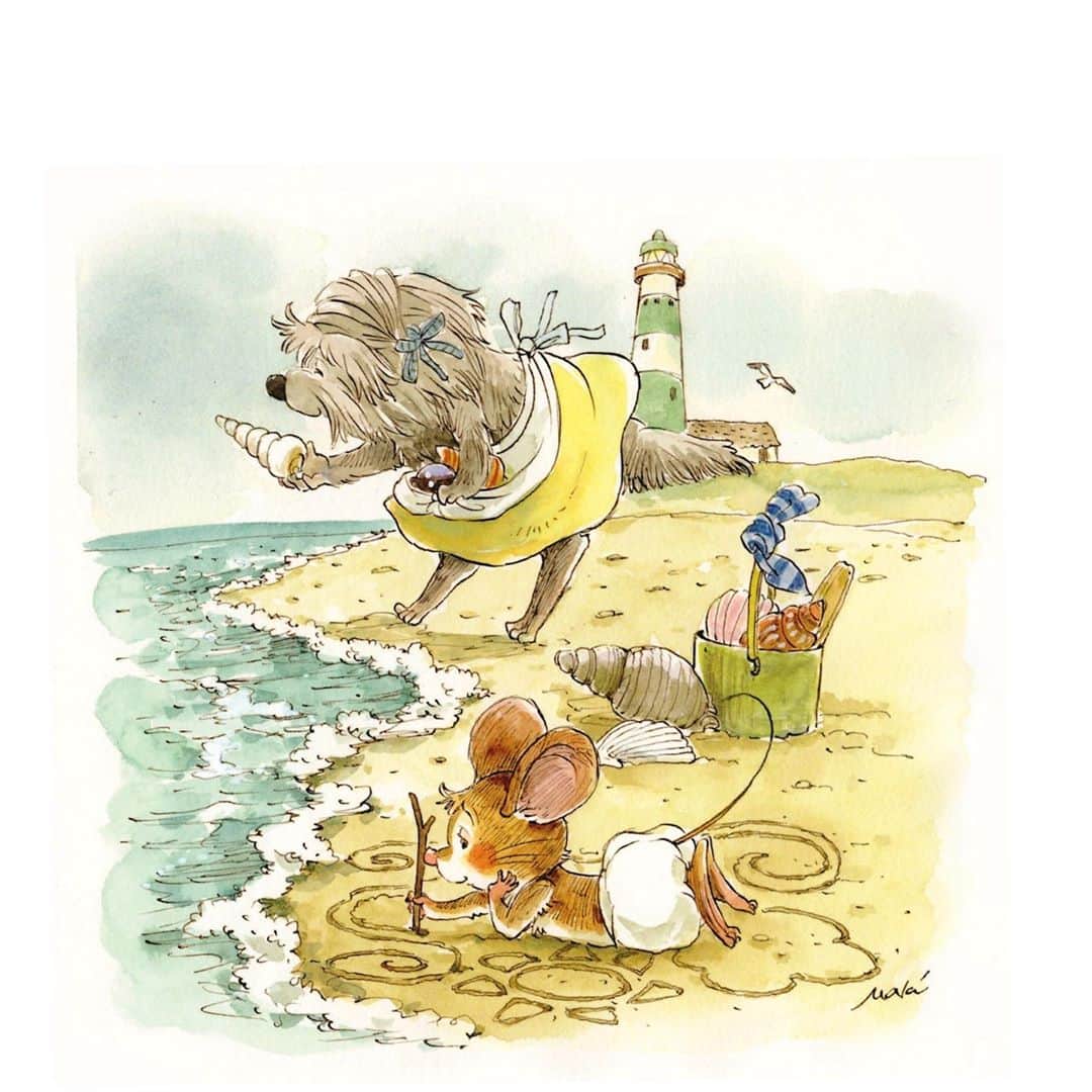 イラストレーター山崎牧子のインスタグラム：「August カレンダー by Yururi's little paintbrush #artwork#illustration#illustrator#august#watercolor#watercolorpainting#mouse#cute#dog#animal#sea#summer#8月#水彩画#いなとめまきこ#イラストレーター#イラスト#海#灯台#浜辺#砂浜#貝殻#夏」