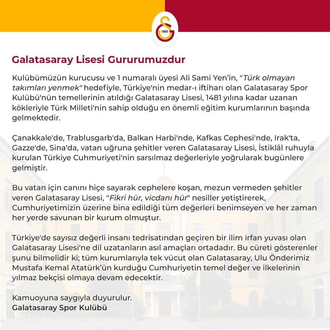 ガラタサライSKさんのインスタグラム写真 - (ガラタサライSKInstagram)「Galatasaray Lisesi Gururumuzdur」8月1日 19時12分 - galatasaray