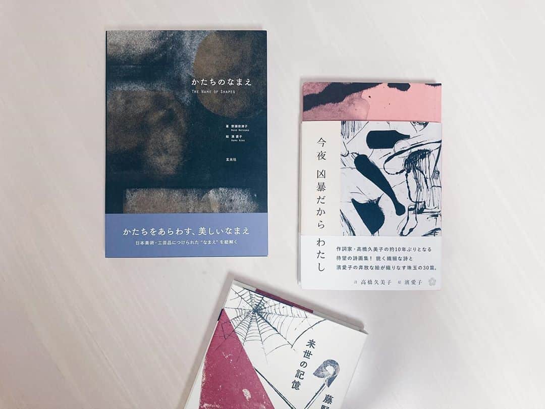 藤野可織のインスタグラム：「野瀬奈津子『かたちのなまえ』、高橋久美子『今夜  凶暴だから  わたし』、どちらも濱愛子さんの絵で満ちた美しい本。私の『来世の記憶』は装画のみですがこれらの美しい本のあとに続くことができてうれしい…。」