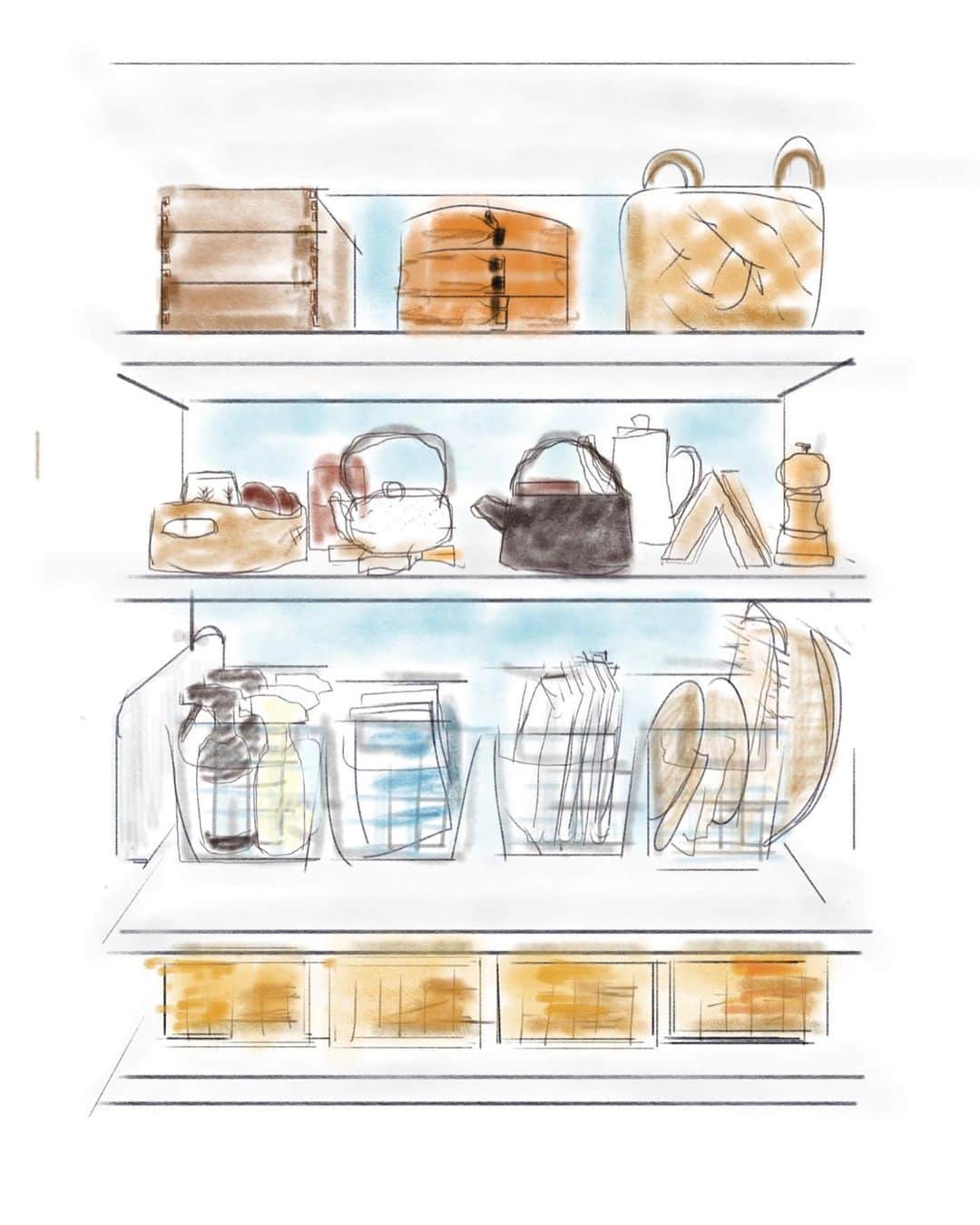 kao. さんのインスタグラム写真 - (kao. Instagram)「8/1 #うちのパントリー #スケッチ  北欧式整理収納プランナー仲間の かなさん @minimalist_saeka に 色々教えてもらいまして、 パントリーのスケッチを iPadで描いてみました🙌！  まだまだ慣れない部分もあるけど、 お絵描き楽しい🥰 今後の収納案にも活かしていくぞ♩  かなさんありがとうございました〜🙏💗 ・ ・  前回の企画で、 収納写真への書き込みに使いたくて買ったタッチペン。 iPhone・iPad共に使えてイラスト描きにも重宝しています📝✨  #楽天roomに載せてます → @kao_kurashi  ・ ・ ・ ・ ・ #北欧式整理収納プランナー#kao収納#北欧式整理収納プランナーの収納#収納スケッチ#収納イラスト#お絵描き初心者#こんまり#お絵描き#パントリー#パントリー収納#整理収納教育士#整理収納#今日のお絵描き#暮らしを楽しむ#いい気分#わが家の風景」8月1日 17時33分 - kao_kurashi