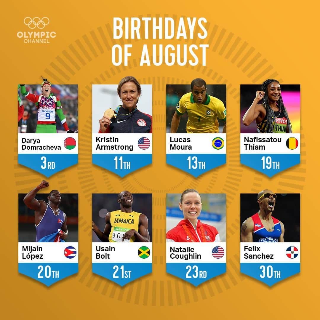 オリンピックチャンネルさんのインスタグラム写真 - (オリンピックチャンネルInstagram)「August is here! 🙌  Join us in celebrating these great Olympians this month. Do you share your #birthday with any of them? 🎉」8月1日 21時00分 - olympicchannel_x