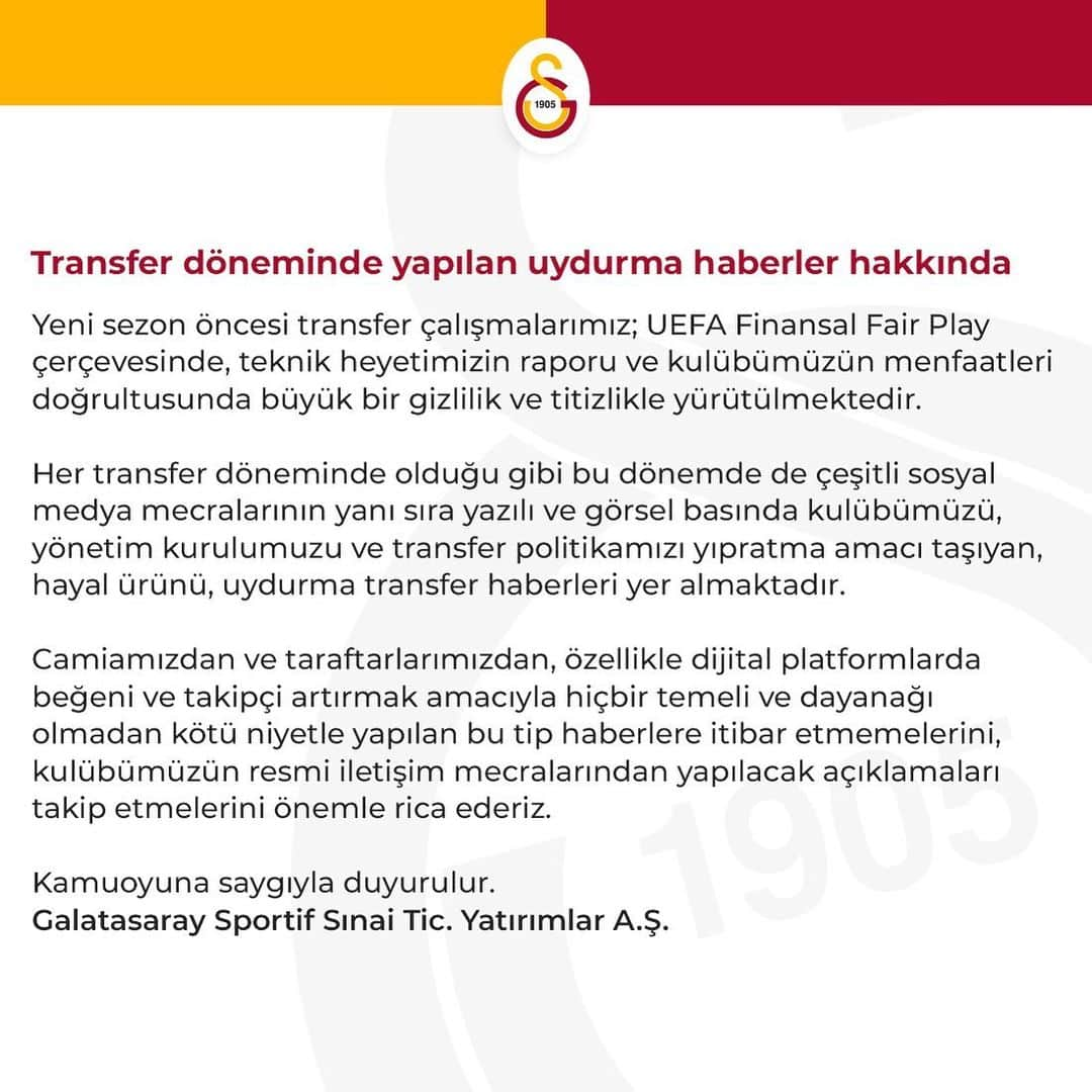 ガラタサライSKさんのインスタグラム写真 - (ガラタサライSKInstagram)「Transfer döneminde yapılan uydurma haberler hakkında」8月1日 22時52分 - galatasaray