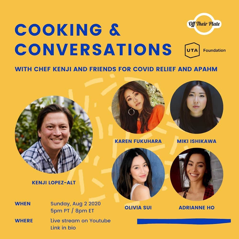 福原かれんさんのインスタグラム写真 - (福原かれんInstagram)「PSA 🚨 Tune in tomorrow (Sunday) evening for Cooking & Conversations with Chef Kenji Alt Lopez! The cooking show will be hosted by OTP partner, NY Times bestselling author, chef @kenjilopezalt joined by a star studded lineup of AAPI women in film/media - @adrianneho @mikimou5e @oliviasui and myself (although kind of weird to call myself “star studded” 😂) This event is free and open for all to attend. Donations will go towards fueling food insecure communities across the nation and supporting local restaurants. We'll be airing on Youtube this Sunday 8/2 at 5p PT/8p ET - link in bio.  –––– Off Their Plate recorded this event in May as a forum to celebrate Asian Pacific American Heritage Month right as protests sparked around the world following the death of George Floyd. We made a collective decision to hold time and space for learning, healing, and critical thinking about our actions and commitments to the Black Lives Matter movement. Donations received from this event were routed to providing meals to protestors in Oakland and Seattle.」8月2日 2時03分 - karenfukuhara