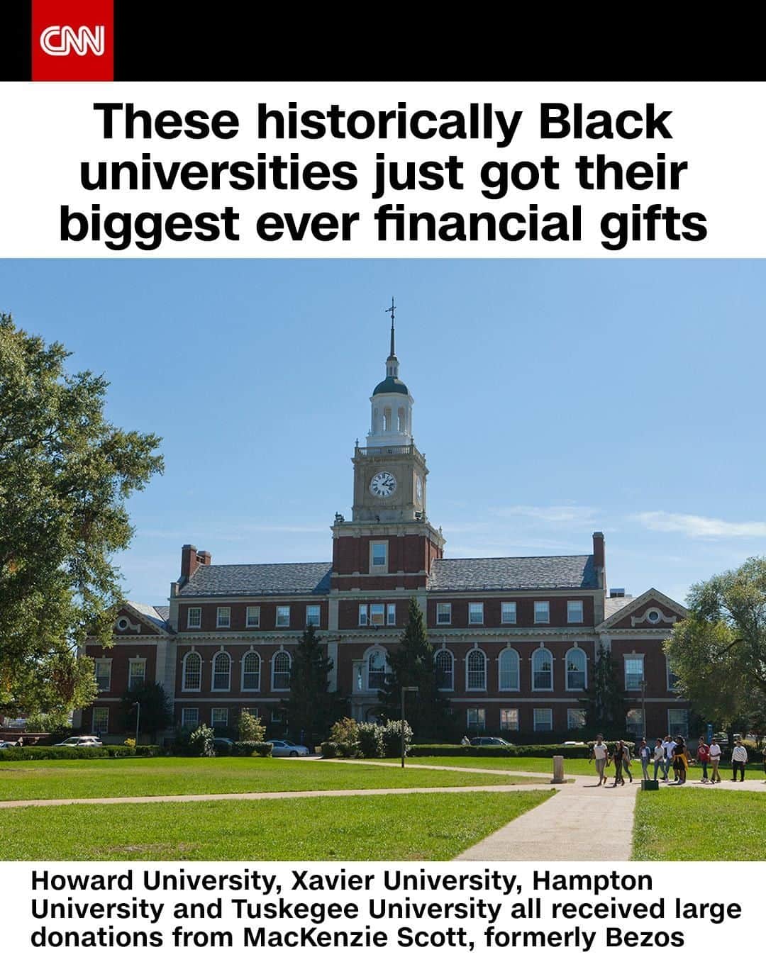 CNNさんのインスタグラム写真 - (CNNInstagram)「Four historically Black colleges and universities have each received the largest single donation in their long-standing history from MacKenzie Scott, the author and philanthropist who divorced Amazon's Jeff Bezos last year. Howard University, Xavier University of Louisiana, Hampton University and Tuskegee University all announced last week they received between $20 million and $40 million in donations from Scott. "We plan to immediately put this eight-figure gift to good use to support components of our 5-year strategic plan to help students graduate on time, retain our talented faculty, enhance our campus infrastructure and support academic innovation and entrepreneurship," the Howard University president said. (📸: Alamy)」8月2日 3時01分 - cnn