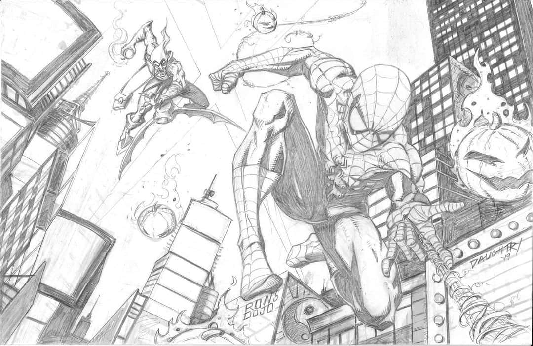 クリス・ドートリーのインスタグラム：「Apparently it’s #spidermanday so figured I’d post my original pencils for Red GoBlin #1 cover I did a few months back with the pose and background help of @rongarneyart」