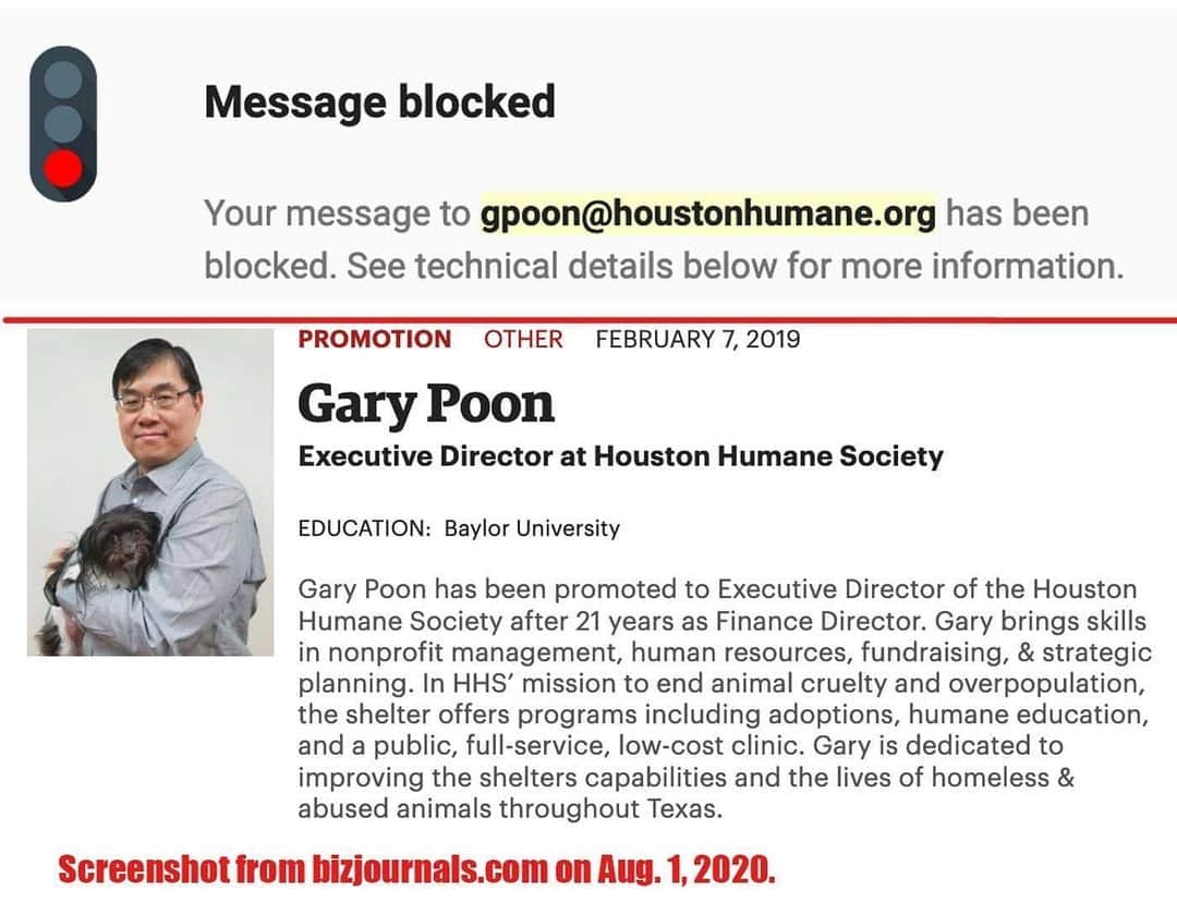 City the Kittyさんのインスタグラム写真 - (City the KittyInstagram)「Sigh... This is one of those days that knocks you in your gut and you wonder how much longer you can go on with this depressing and draining cause.😿💔 Meet Gary Poon. He is the new exec director of houstonhumane . He was their finance director for 21 years so as the story goes, it's all about money over the welfare of cats it appears.😾💵  We tried to send a polite email to him, asking him if he would do the right thing and stop providing declawing in the HHS Wellness Clinic but were were blocked. 😾  Today we saw that recently HHS took DOWN the declawing info & price from their website so we thought that maybe all of us inspired them to put the welfare of cats over money and stop declawing but unfortunately that's not true. #SpinelessCowards 👎🏻💵😾 We did some research today and 3 employees at HHS said that their WELLNESS Clinic still offers declawing. One employee said that they highly recommend against declawing but will do it if you ask for it.  WTF?😾😾👎🏻 Another employee that makes the appointments for the WELLNESS Clinic said that a declaw that is done with a spay/neuter is $145 and a declaw on its own is $200-$210. They said that the age limit is 3 years old. 🙀😾They said that Dr Kevin Scruggs is the vet who does the declaws and he uses a scalpel. When asked if a declaw is ok for a cat, the employee said they haven't had any complaints and that's why they have an age limit at 3 yrs old because its harder for them to heal. 😿😿😿  Please send a polite email to Gary Poon and ask him why HHS' mission statement is to end animal cruelty yet they perform and profit from this inhumane and cruel amputation procedure in their WELLNESS Clinic. 😾💵💵gpoon@houstonhumane.org  You can also CC their medical director Tony Malone - tmalone@houstonhumane.org and their declawing vet Kevin Scruggs - kscruggs@houstonhumane.org  . Please help us with this. If everyone signed our petition, wrote them an email, contacted their sponsors , and spoke up, most likely HHS would do the right thing. More about this story. - http://citythekitty.org/houston-humane-society-declaws-cats/ Our petition to HHS is on our Instagram bio link. #houstonhumanesociety #stopdeclawing」8月2日 7時07分 - citythekitty