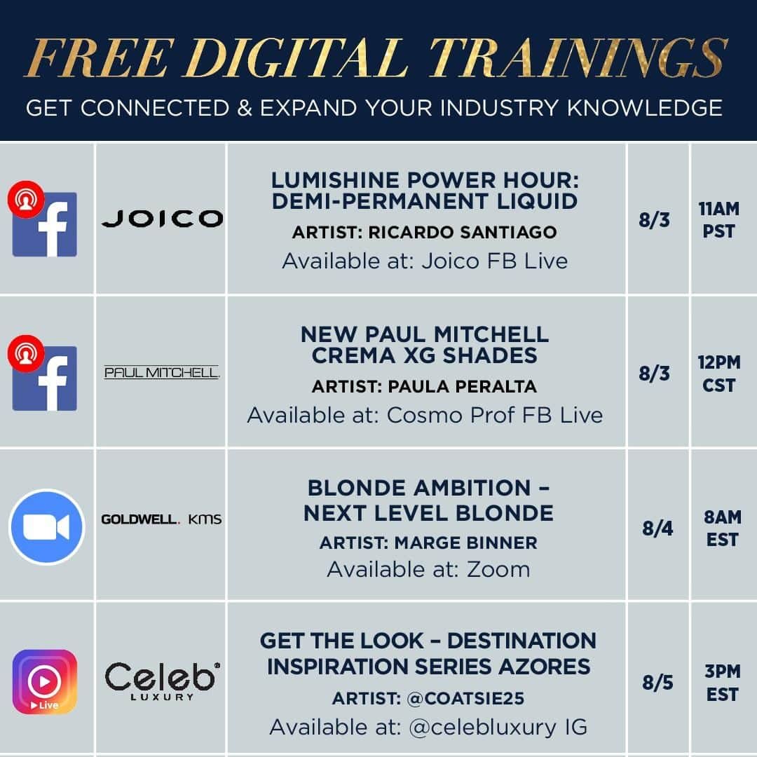 CosmoProf Beautyさんのインスタグラム写真 - (CosmoProf BeautyInstagram)「Sharpen your skills with Free Digital Trainings from your favorite brands. Tips, tricks and more from cutting-edge stylists that can save you time and money. Here is a list of our top FREE webinar picks for this week (8/3 – 8/5). Link in bio for full calendar with clickable meeting links. * #cosmoprofbeauty #licensedtocreate #freetraining #educations #stylists #webinar #joico #paulmitchellpro #celebluxury #goldwell」8月2日 23時00分 - cosmoprofbeauty