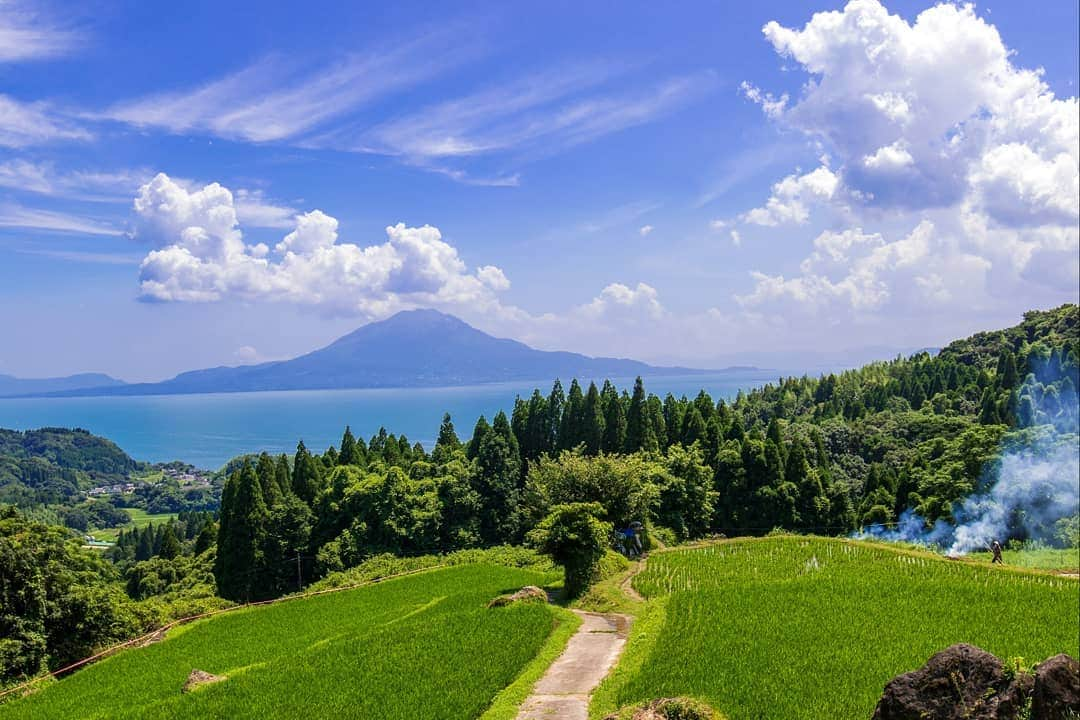 鹿児島よかもん再発見さんのインスタグラム写真 - (鹿児島よかもん再発見Instagram)「霧島市隼人町の小牧の棚田へ(^-^)/  秋の収穫の季節に訪ねてから、田植え直後に行きたい！と、思いつつ、天候が折り合わず。。  ようやく全てのタイミングがあった日に訪ねたら、稲は成長しておりましたが、夏らしい素晴らしい風景を見せてくれました❗  #鹿児島 #鹿児島観光 #霧島市  #霧島市観光 #隼人 #霧島市隼人町 #桜島 #小牧の棚田 #棚田 #田園 #田んぼ #kagoshima #kagoshimaphotograph  #japan #西郷どん」8月2日 19時59分 - kagoshimayokamon