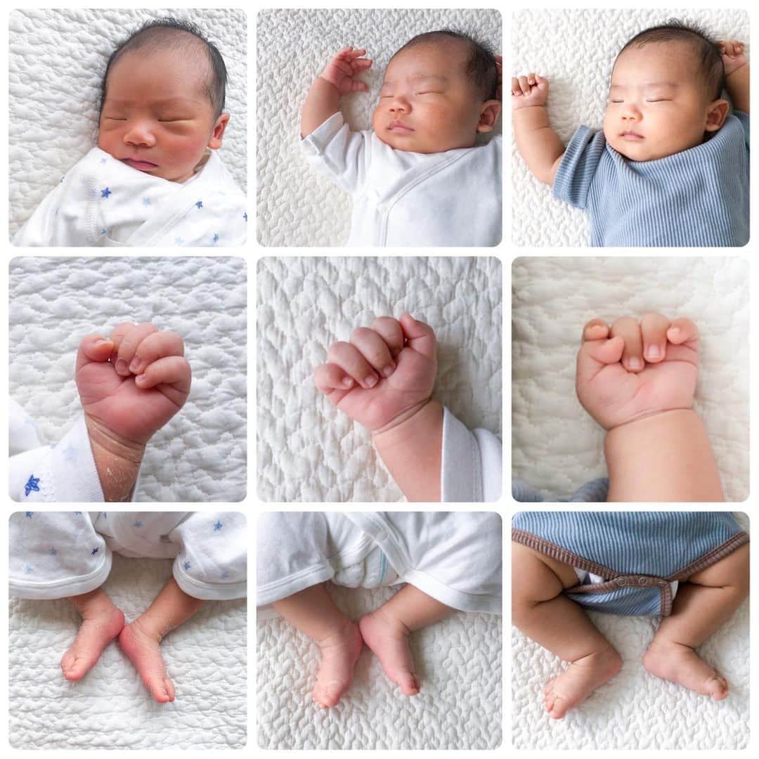 馬渕史香のインスタグラム：「息子が産まれて2ヶ月が経ちました . 左から 生後5日→生後33日→生後67日 . 撮影環境とかの違いもあるけど、顔付きとかだけじゃなくて、肌の感じとかも全然違うね😳 成長著しくてびっくり .  #月齢フォト #マンスリーフォト #newborn #ニューボーンフォト #新生児フォト #おうち写真 #セルフフォト #セルフベビーフォト   #あしざわ家 #赤ちゃんのいる生活  #ずぼら主婦  #令和2年生まれ #5月生まれ #男の子ベビー #令和ベビー #babyboy #2020baby  #ゼクシィbaby #ベビーグラム #ベビフル #コズレ #ままのて」