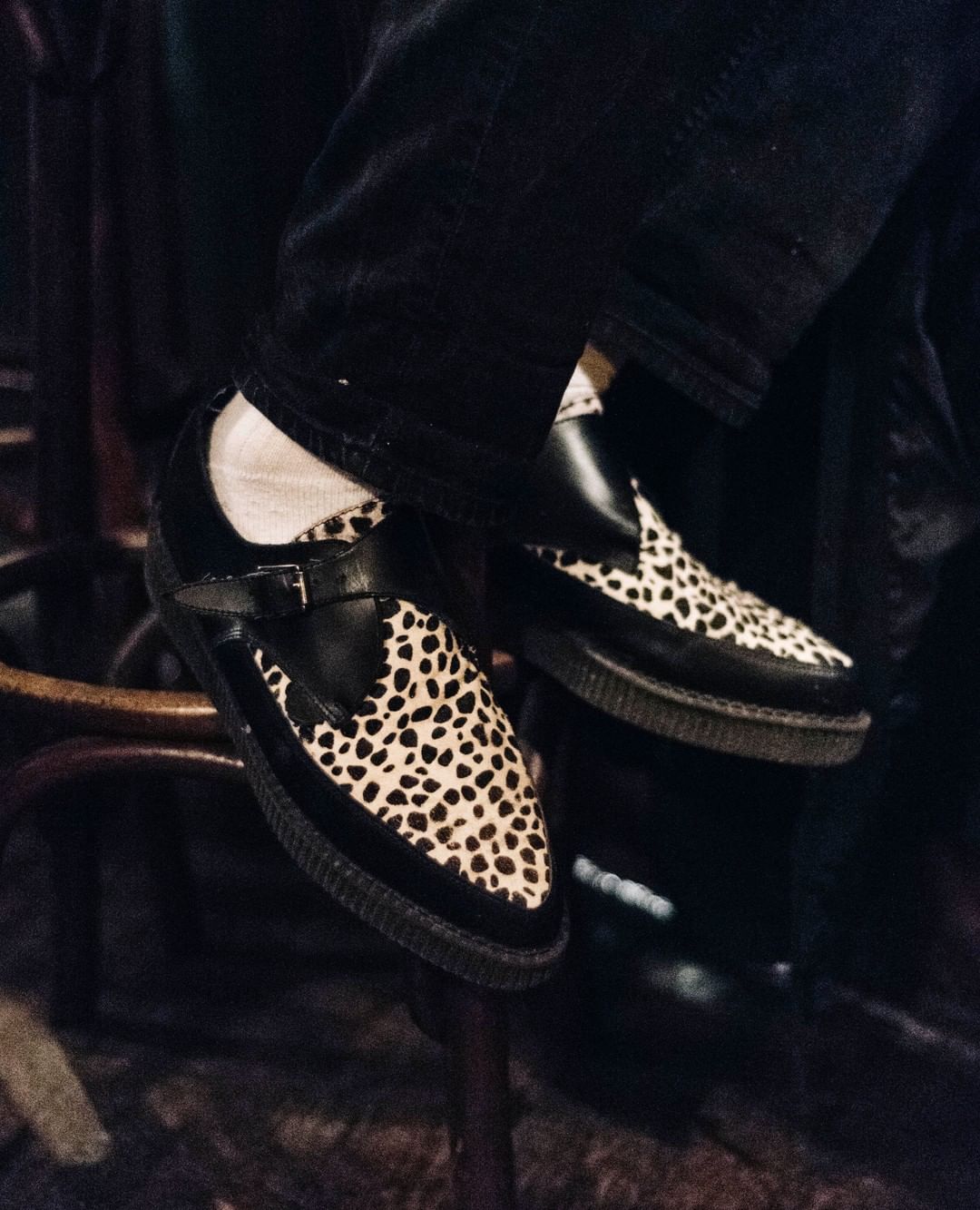 アンダーグラウンドのインスタグラム：「The Original Apollo Creeper- this version in black leather with a leopard print "pony" apron . Pure rock n roll footwear.⁠ ⁠ ⁠ **Step by step we work to improve our environmental footprint. As an independent company we can use our freedom to select products from ethical and local suppliers and we are able to commit to small batch production. These are hand made in a family owned factory ensuring that production is sensible and sustainable**」