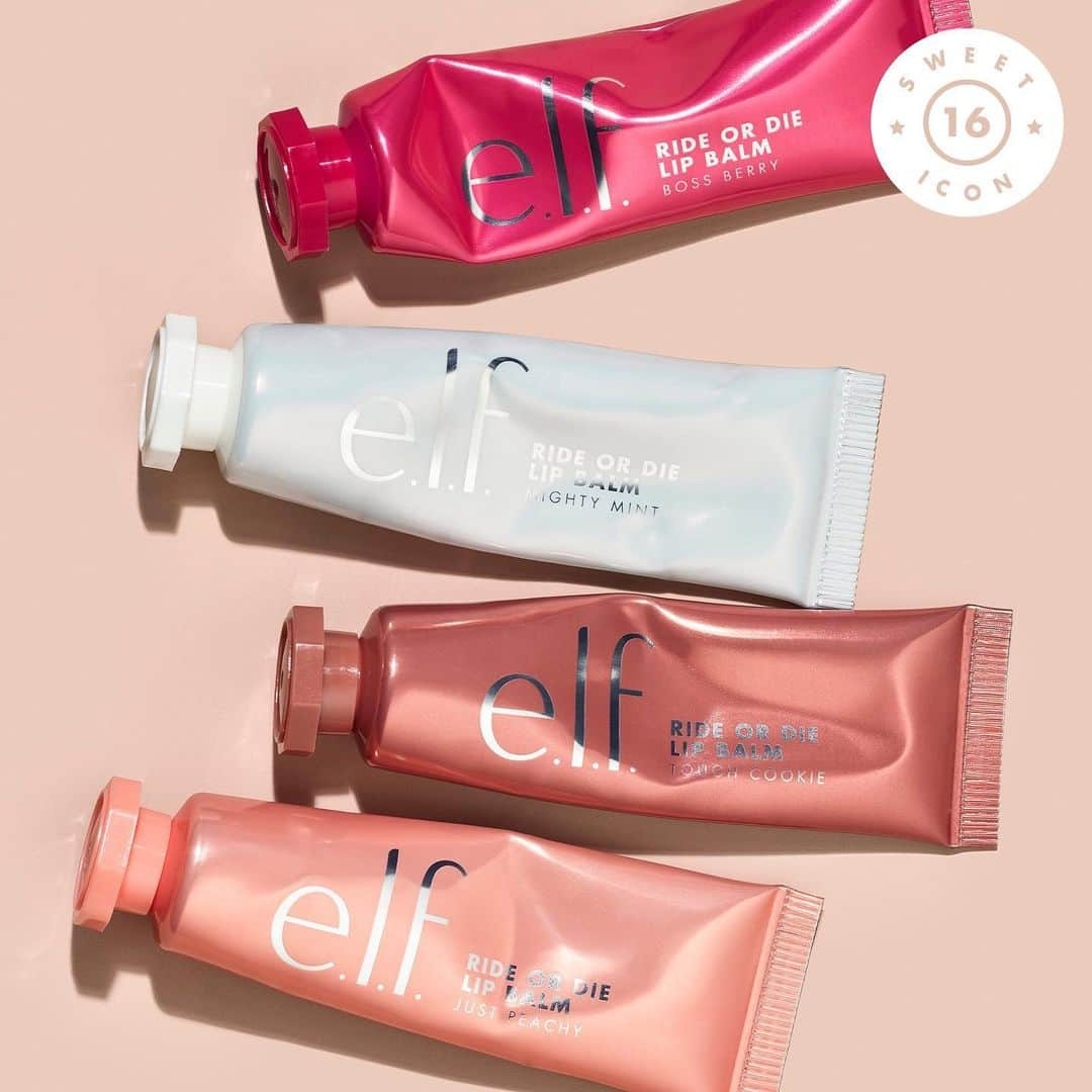 e.l.f.さんのインスタグラム写真 - (e.l.f.Instagram)「In celebration of our Sweet Sixteen this month🎂🎉, we'll be highlighting our e.l.f. icons - 16 e.l.f. products that changed the game!  Introducing e.l.f. ICON 1 of 16🏆 Our Ride or Die Lip Balm!  Why it is an icon: ✨Infused with Jojoba Oil and Vegan Collagen for the ultimate hydrated and plumped lips  ✨Adds the perfect amount of sheer color ✨Each shade is deliciously scented  ✨$5! ✨100% vegan and cruelty free   Shades: 💚Mighty Mint - clear shade with a mint scent ❤️Boss Berry - sheer red shade with a berry scent 🍪Tough Cookie - sheer warm caramel shade with a brown sugar scent 🍑Just Peachy - sheer orange peach shade with a peach scent  Shop now (and don't forget to sign up for our Beauty Squad Loyalty Program) to earn triple points on our e.l.f. icons, all month long 🙌 #eyeslipsface #elfingamazing #elfcosmetics #crueltyfree #vegan」8月3日 2時15分 - elfcosmetics