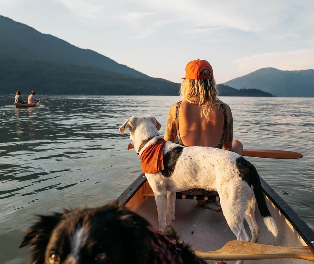 Andrew Knappさんのインスタグラム写真 - (Andrew KnappInstagram)「On our journeys alone, together. On Shuswap Lake with boatloads of grounded friends and a couple of dogs. Had a good reset and headed back out to continue shooting the book today. More excited than ever to get out on the water again with dogs in a canoe. Maiden voyage in the @novacraftcanoe and it was a good one. 🌞」8月3日 2時26分 - andrewknapp
