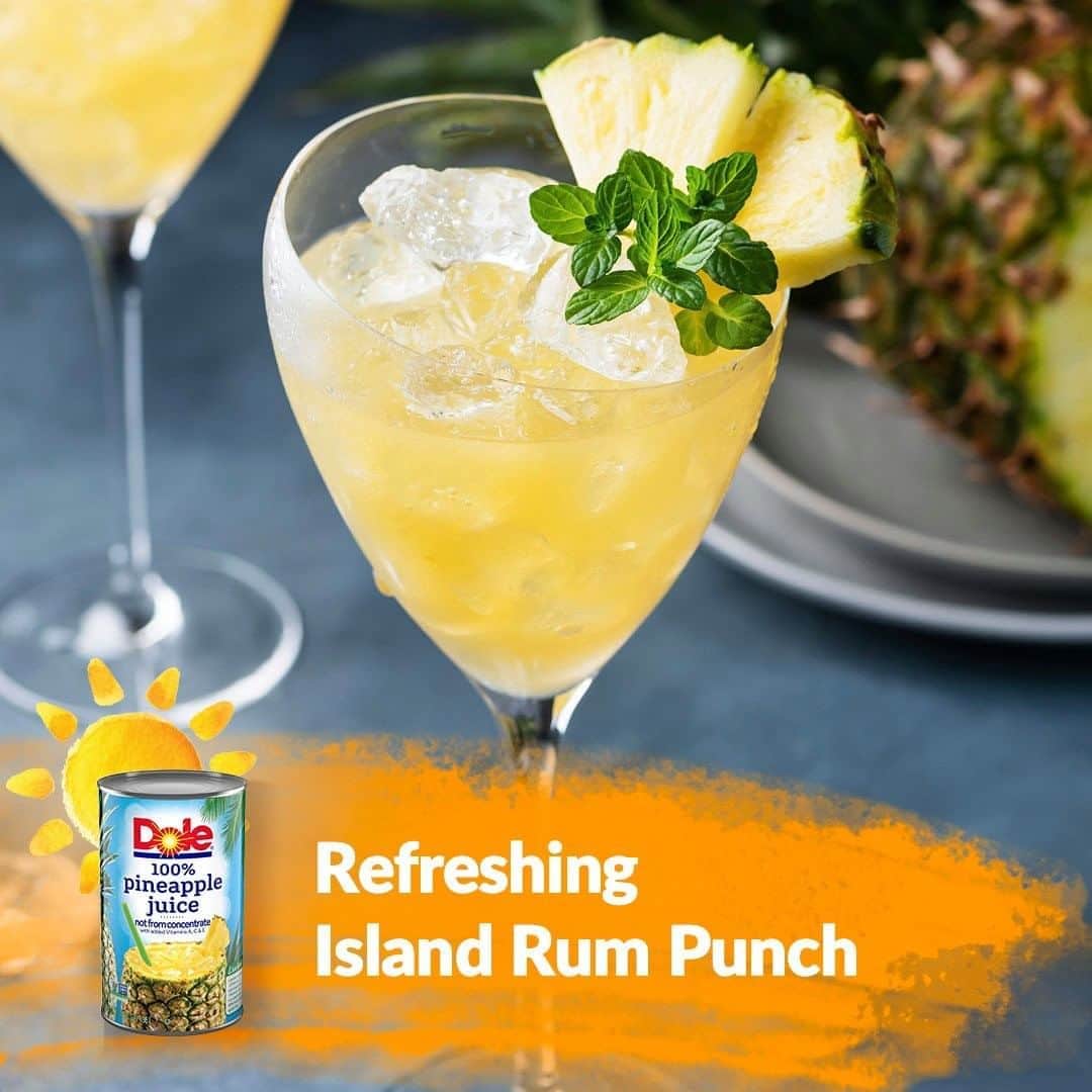 Dole Packaged Foods（ドール）のインスタグラム：「We’ve read your comments and know what you’re thinking (we’re thinking it too). Try this refreshing Island Rum Recipe.  Ingredients: 1 can (46 oz.) DOLE® Pineapple Juice, chilled 1 cup light or dark rum 1/4 cup sugar 1/2 cup lime juice 1 tablespoon fresh mint leaves, finely chopped  Steps: Combine pineapple juice, rum, sugar, lime juice and chopped mint in large punch bowl.  Garnish with lime slices and fresh mint, if desired.」