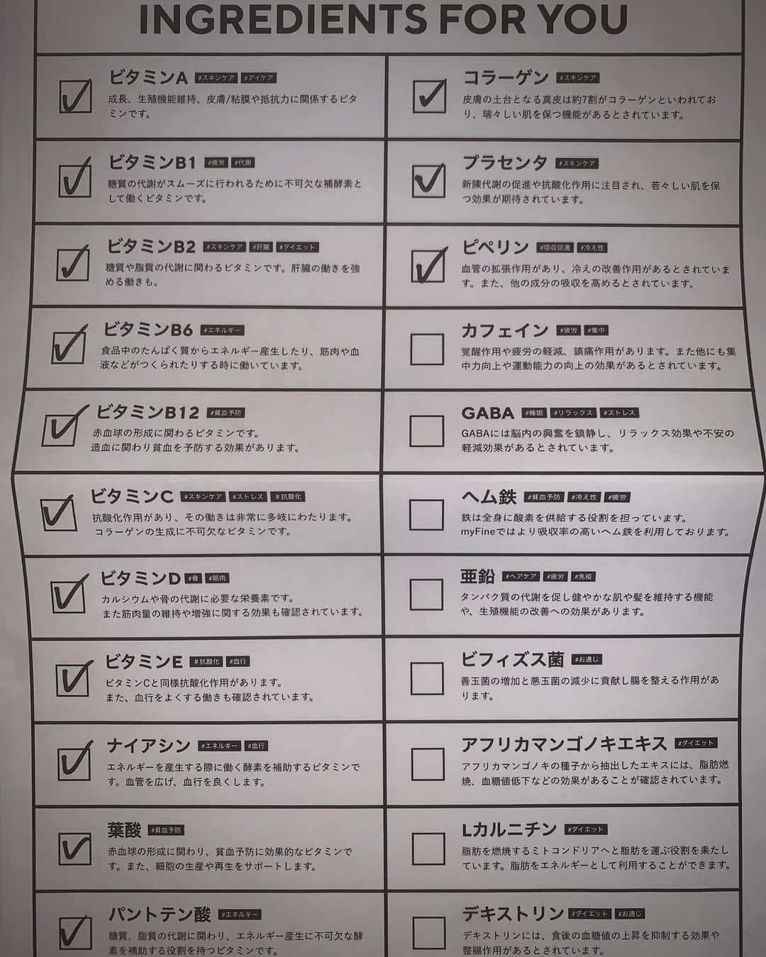 SAKUさんのインスタグラム写真 - (SAKUInstagram)「【毎日これ1本】 自分に足りない栄養素をオーダーメイドで作って貰ったので今日から飲んでいきたいと思います🙄！  どんな栄養素が入っててどういう効果があるってのもわかって分かるのは嬉しみですね。そうですね。 ・ ・ ・ #myfine #マイファイン #理想の自分  #新しい自分 #わがままをそのまま #この1本に #オーダーメイド #特別感 #溢れる ぅ #ボディメイク #液体サプリメント #サプリメント  #ビタミンa #ビタミンb1 #ビタミンb2  #ビタミンb6 #ビタミンb12 #ビタミンc  #ビタミンd #ビタミンe #ナイアシン  #葉酸 #パントテン酸 #コラーゲン  #プラセンタ #ピペリン #ingredients  #美容 #美意識向上委員会 #instagram」8月17日 20時17分 - saku10291029