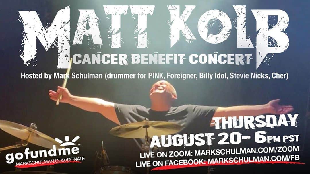 マーク・シュルマンさんのインスタグラム写真 - (マーク・シュルマンInstagram)「August 20th, 2020! 6:00pm PST! . Please join me @markyplanet as I host a Cancer Benefit Concert for our dear friend Matt Kolb who is undergoing treatment for stage 4 colon cancer. The show will feature performances from over 20 amazing artists!!  . Please help by donating now or during the show at: https://www.gofundme.com/f/matt-kolb-cancer-benefit-concert also available in by bio!  . Please repost and share!! @markyplanet @pinkiesfamily #benfit #concert #mattkolb #coloncancer #pleasehelp #pleaseshare」8月17日 20時43分 - markyplanet