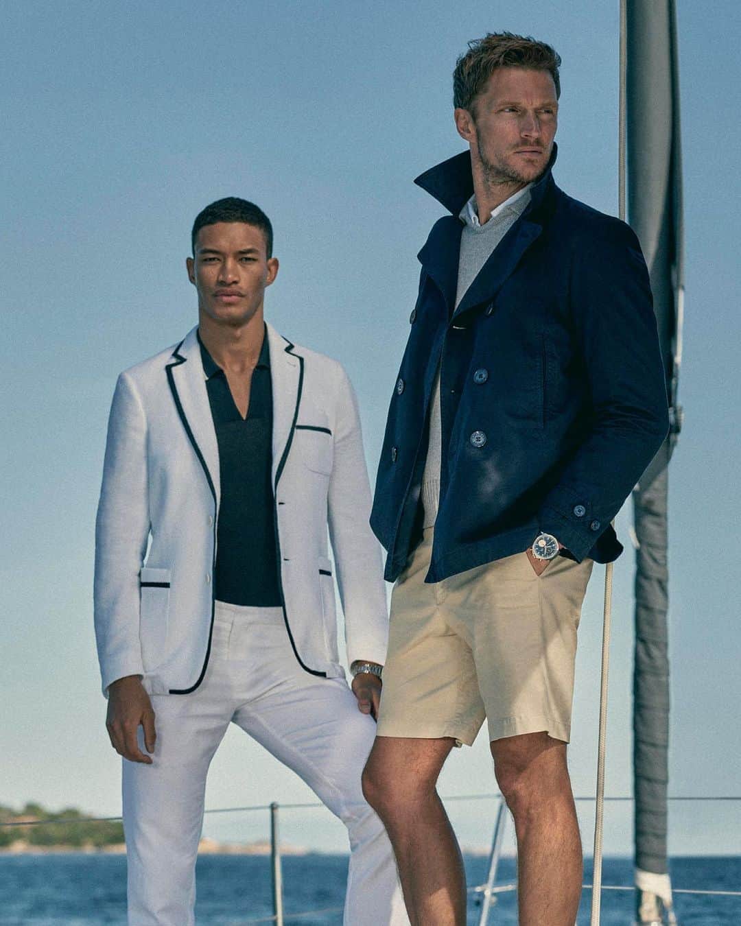 オールバーブラウンのインスタグラム：「Our summer collaboration with @IWCWatches transports us to the ocean. More specifically, on-board an elegant Solaris yacht, seen here in our campaign shoot. Shop our IWC resort wear collection now and take to the deck (link in bio). #OBsAroundTheWorld #OrlebarBrown #IWC」