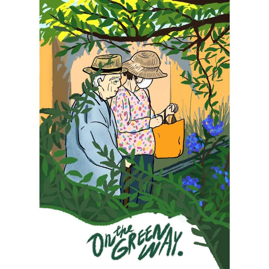 nanamyのインスタグラム：「Life in my new neighborhood 🌿🌞🌿 #greenway #lovers #drawing #illustration #artwork #earlysummerdays #japan #kimono @flow_magazine」