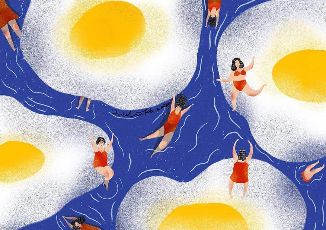 のインスタグラム：「Still summer 🏊🍳 by 👉 Xinpingli @xinplee 👈  #xinplee #eggsconcept #egg #eggs #stillsummer #illustration #drawing #august」