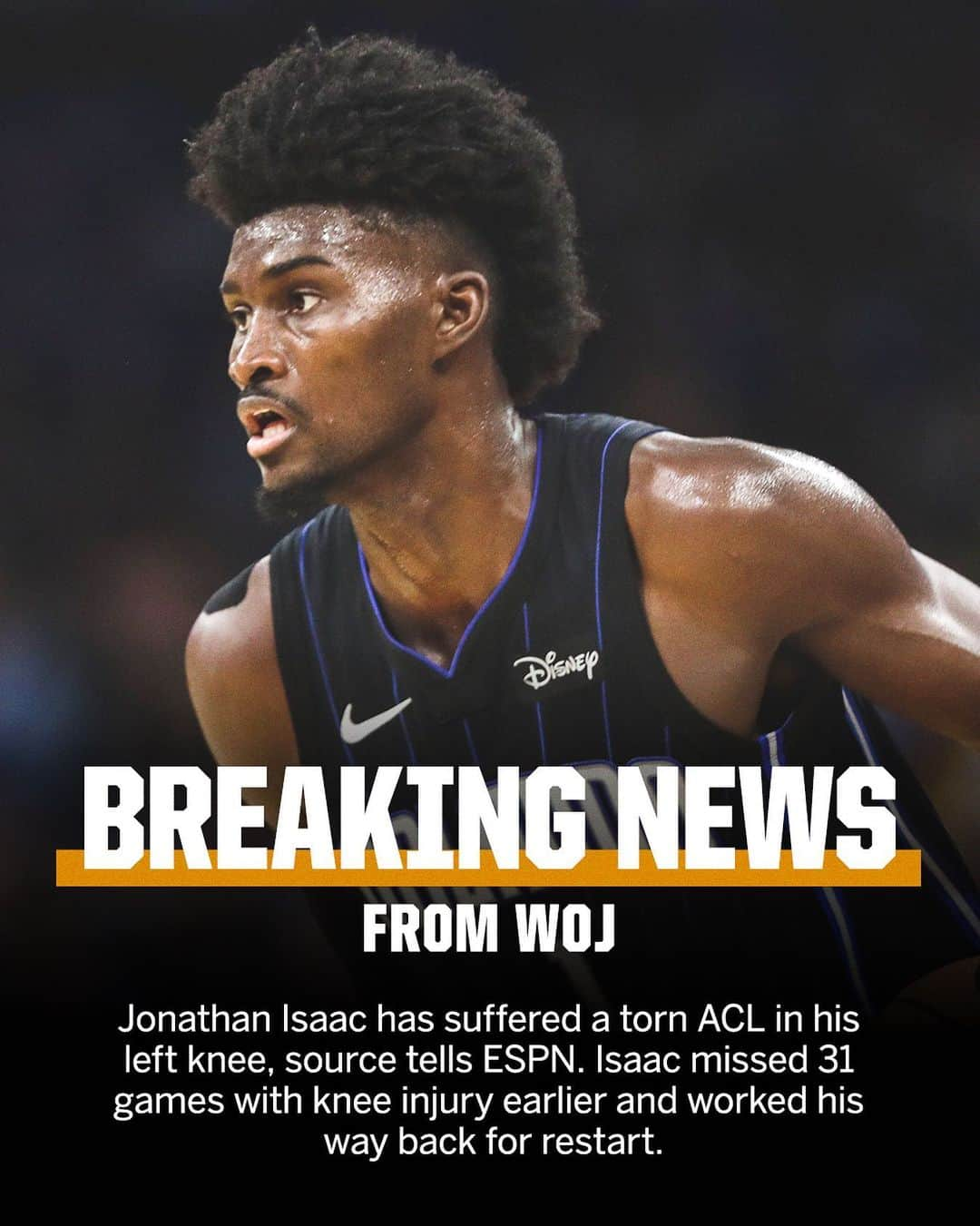 スポーツセンターさんのインスタグラム写真 - (スポーツセンターInstagram)「Jonathan Isaac has suffered a torn ACL in his left knee, per @wojespn」8月3日 13時50分 - sportscenter