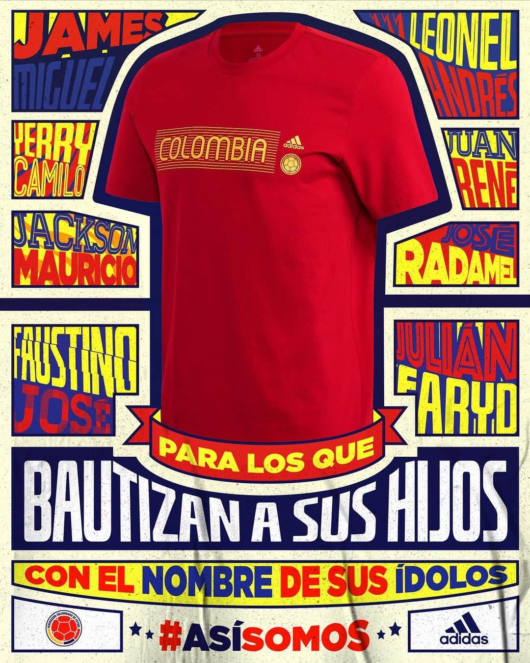 サッカー コロンビア代表チームのインスタグラム：「‪Llega una colección especial para los que bautizan a sus hijos con el nombre de sus ídolos 👶🏻‬  ‪#AsíSomos es el nuevo fanwear @adidasco de la Selección Colombia, solo para fanáticos 🇨🇴‬」