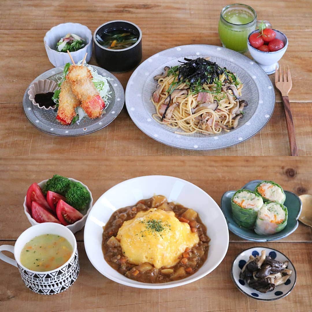 yunaのインスタグラム：「♩ . #まとめて投稿 #ひとりごはん  . . 🍚きのこたっぷり和風パスタ 串カツ 小松菜と人参のスープ みょうがとキュウリの酢の物 ミニトマトのはちみつマリネ . . 🍚オムカレー ポテトサラダの生春巻き コーンスープ トマトサラダ きのこのソテー . . #yunaご飯#lin_stagrammer#kurashiru#delistagrammer#Japanesefood#ロカリキッチン#デリスタグラマー#クッキングラム#クッキングラムアンバサダー#タベリー#フーディーテーブル#Kissカメラ#iegohanphoto#てづくりごはん365#おうちごはん#おうちごはんlover#ママリクッキング#マカロニメイト#おうちごはん通信#キッチングラム#おうちカフェ#夜ごはん#晩ごはん#dinner#小石原焼#翁明窯元#オムカレー#🍝」