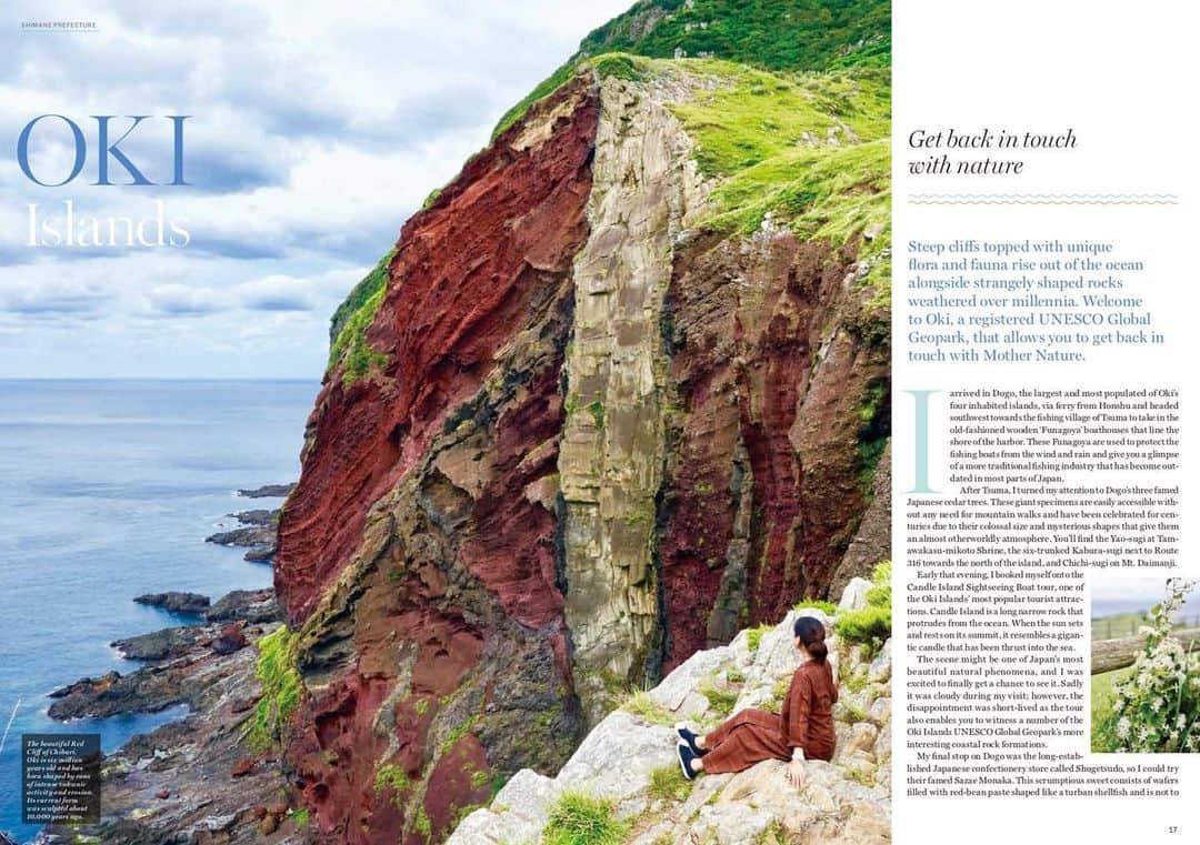 小林希さんのインスタグラム写真 - (小林希Instagram)「【隠岐諸島編】 写真は知夫里島の赤壁。 巨大な岩肌は、火山が噴出した記憶を残す地層です。 隠岐諸島はまるごとユネスコ世界ジオパークに認定されています✨  —-//  前年度JNTOの官民連携インバウンド事業にて、 「Journey to Japan's Islands」 のパンフレット制作にあたり、 取材、原文執筆、写真撮影を 担当させていただきました😊🙏  英文と繁体字ですが、 写真だけでも各島の魅力が伝わると 思いますので、ぜひご覧ください。  コロナが収束したら、 ぜひ島旅・船旅をしていただけると嬉しいです！  掲載している島は（順：北→南）  利尻島・礼文島 佐渡島 伊豆諸島（伊豆大島、式根島） 隠岐諸島（隠岐の島、知夫里島、中ノ島、西ノ島） 瀬戸内海の島（小豆島、本島） 五島列島（福江島、小値賀島） 大隅諸島（屋久島、種子島） 八重山諸島（石垣島、西表島）  JNTOのサイトに掲載されているパンフレット、ぜひご覧ください。 ダウンロード可能です。 ⬇️  https://www.jnto.go.jp/brochures/eng/index.php  投稿に載せている写真は一部です。  #島旅#国内旅行#離島#トラベル#旅#島が好き #japaneseislands #日本の島#jnto #隠岐諸島 #隠岐の島 #知夫里島#中ノ島 #海士町#西ノ島#okiislands #隠岐汽船」8月3日 19時50分 - nozokoneko