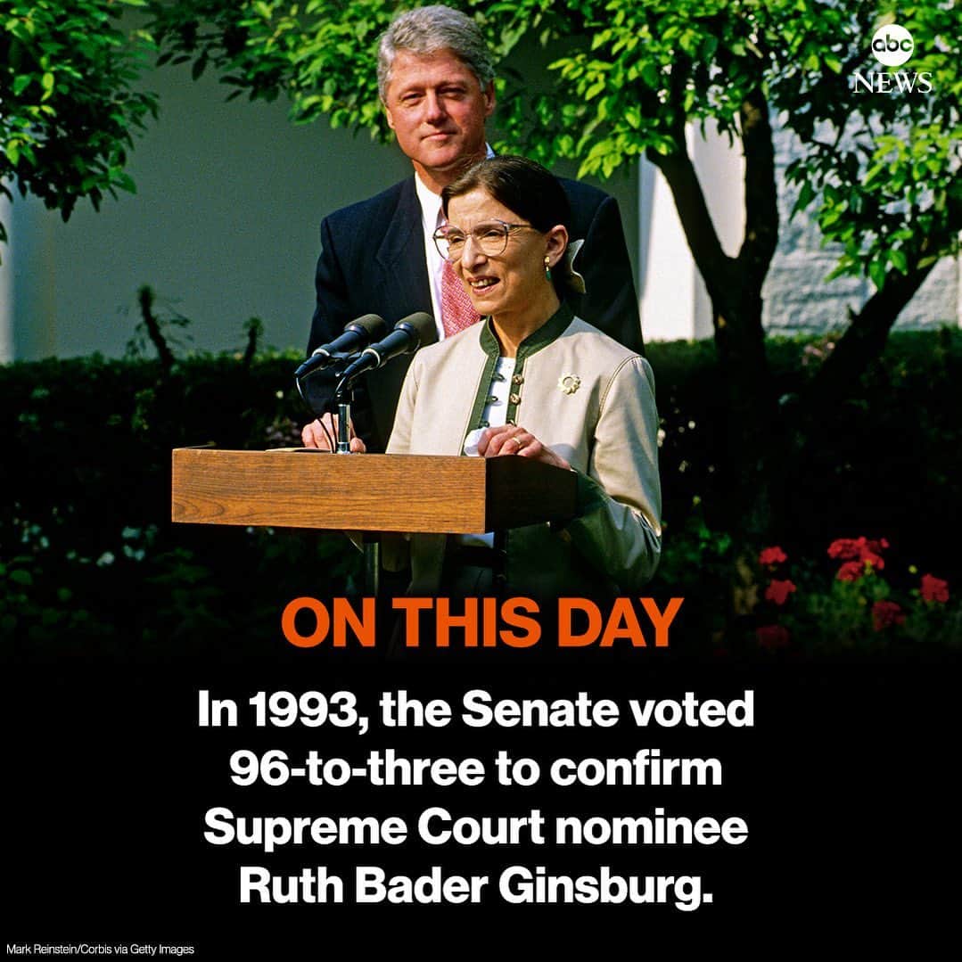 ABC Newsさんのインスタグラム写真 - (ABC NewsInstagram)「ON THIS DAY: In 1993, the Senate voted 96-to-three to confirm Supreme Court nominee Ruth Bader Ginsburg. #rbg #onthisday #scotus #supremecourt #ruthbaderginsburg」8月3日 19時58分 - abcnews