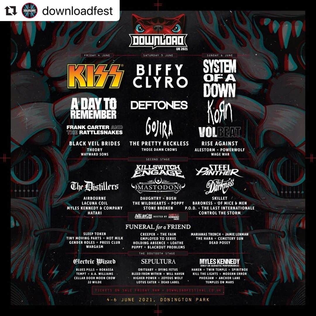 クリス・ドートリーのインスタグラム：「SOOOO PUMPED FOR 2021!!!!  #Repost @downloadfest with @make_repost ・・・ Your first DL2021 lineup announcement has landed, including @kissonline, @biffy_clyro, @systemofadown and so much more. After a year apart, we’re so ready ROCK with you once again, 4-6 June 2021. Tickets on sale Friday 7 August 9am. 🔥」