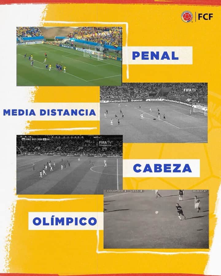 サッカー コロンビア代表チームのインスタグラム：「Nuestra Selección ha marcado goles de toda clase en los Mundiales 🌎🏆🇨🇴  🚩Olímpicos ✅ 🤯 De cabeza ✅ 👟⚽ De media distancia ✅ 🥅 De penal ✅  ¡Aquí te mostramos algunos de ellos!  ¿Cuál es el gol que más recuerdas? 🤔」