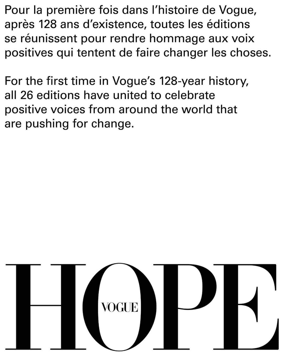 Vogue Parisさんのインスタグラム写真 - (Vogue ParisInstagram)「26 countries, 19 languages, 30 hopes for the future. The #VogueHope portfolio captures a moment in time as all Vogue editions unite to shine a light on those striving for positive change. “In these difficult times, I am glad and honoured to be part of this incredible initiative, to unite the 26 worldwide editions of Vogue in one unique, strong voice. At Vogue Paris, we decided to highlight more than ever youth, diversity, inclusivity and awareness, which are to us the epitome of hope today.” - @EmmanuelleAlt Photography by @alasdairmclellan, @sumayyahalsuwaidi, #BettyMuffler, @samueldesaboia, #WangYong, @michal_pudelka, #KathrinSpirk, @d_andrianopoulos, @otto_steinert, @hashimbadani, @_massimovitali_, #DaidoMoriyama, @hyeawonkang, @stefanruizphoto, @kevinisburning, @inezandvinoodh, @marcinkempski, @branislavsimoncik, #ErikBulatov, @cococapitan, @zhonglin_, @sootket_jiwpanit, @aekaratt, @ozel_osman, @truealevtina」8月4日 0時09分 - voguefrance