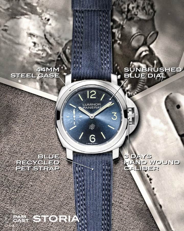 のインスタグラム：「With a history as rich as its coloring, the new Luminor Blu Mare is a marvel in the making.   Enrich it with the recycled PET strap, the eco-friendly sound of style.  Add the watch to your Panerai collection today by clicking at the link in Bio.  #Panerai #PamCast #PaneraiExperience #Luminor #PaneraiLuminor #pamily #paneristi #risti #watchfam #Watchuseek #BlueDial #paneraistrap #paneraiwatch #paneraipics #watchshot」